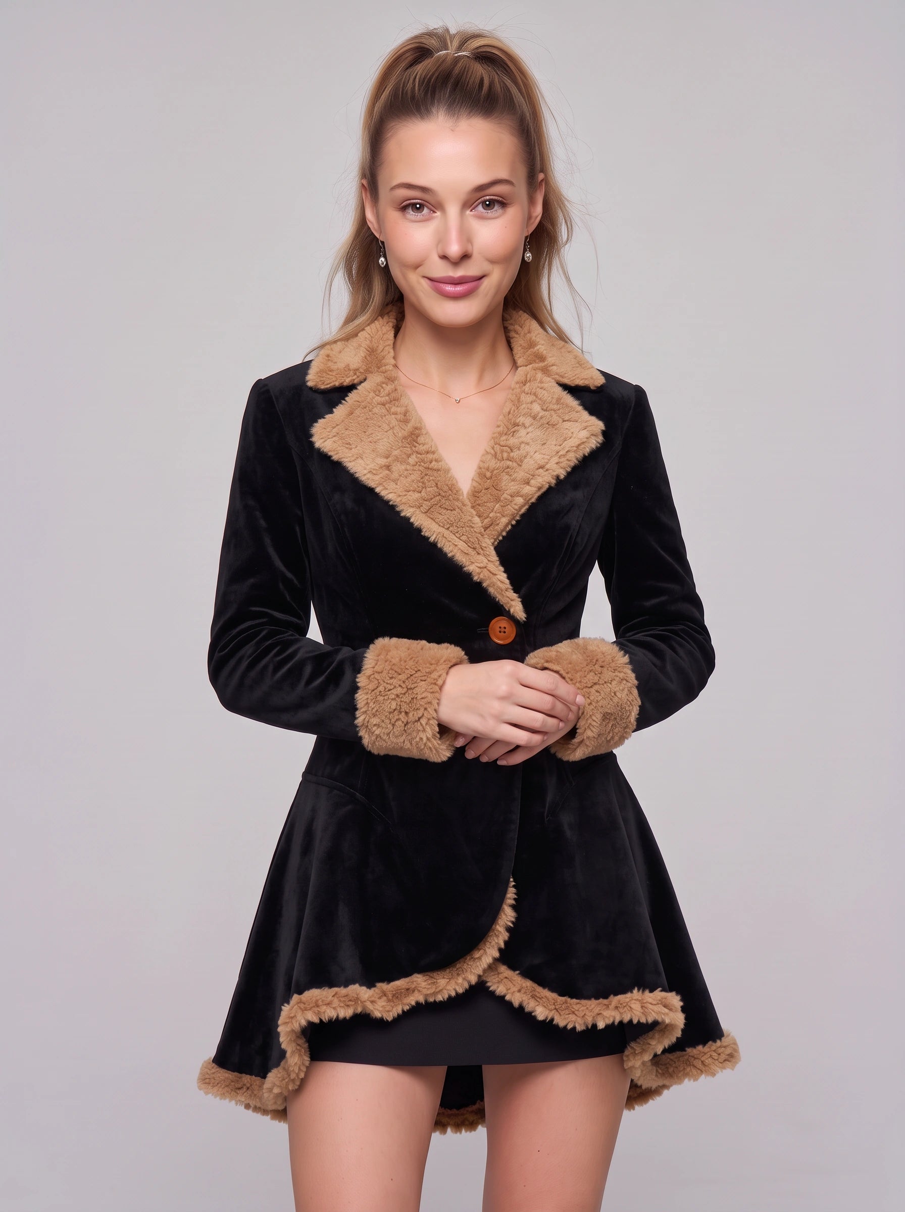 Trevelle Velvet Faux Fur Trim Mini Blazer Dress – Women Vintage Retro Lapel Party Evening Structured Mini Dress