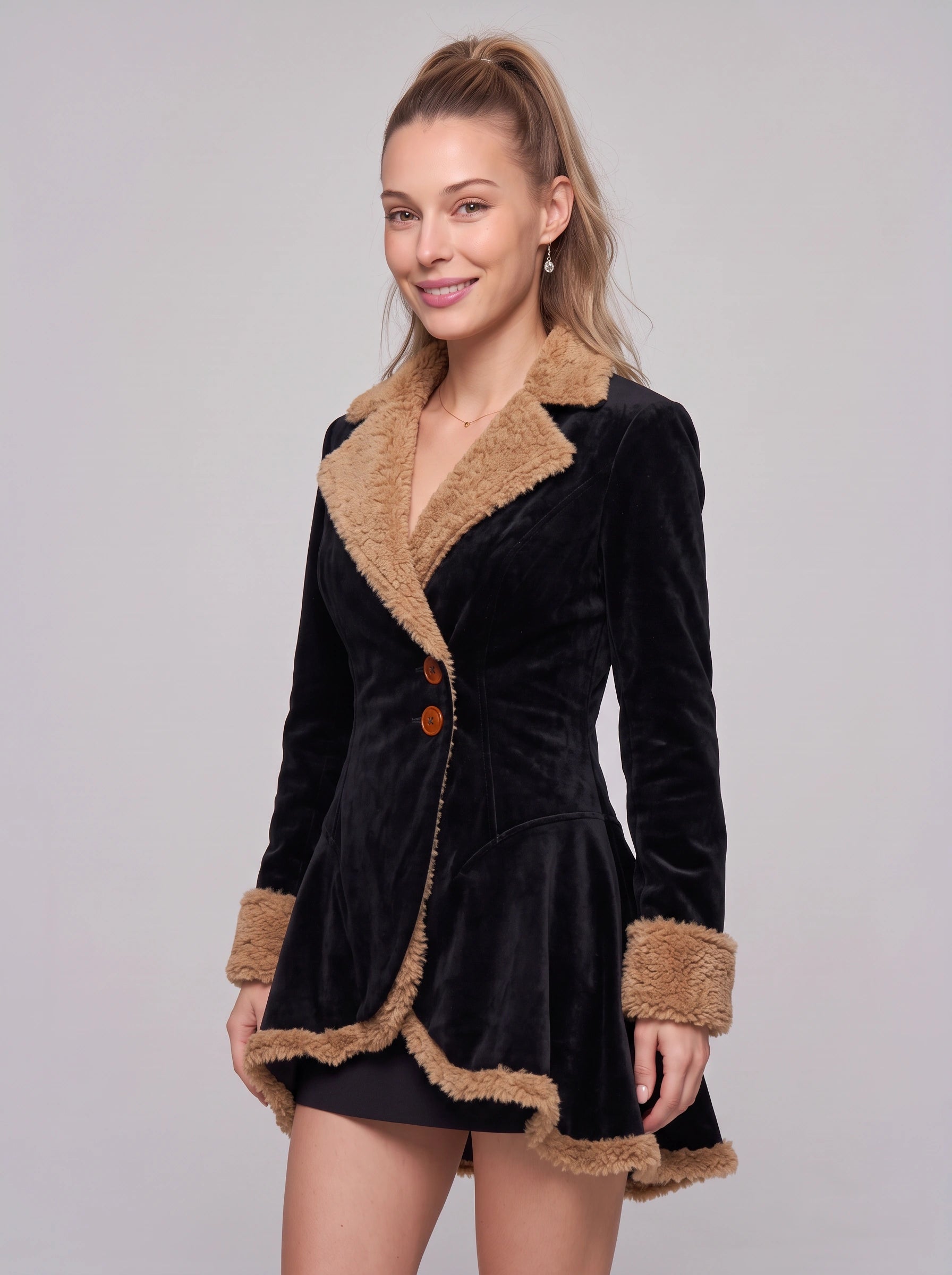 Trevelle Velvet Faux Fur Trim Mini Blazer Dress – Women Vintage Retro Lapel Party Evening Structured Mini Dress