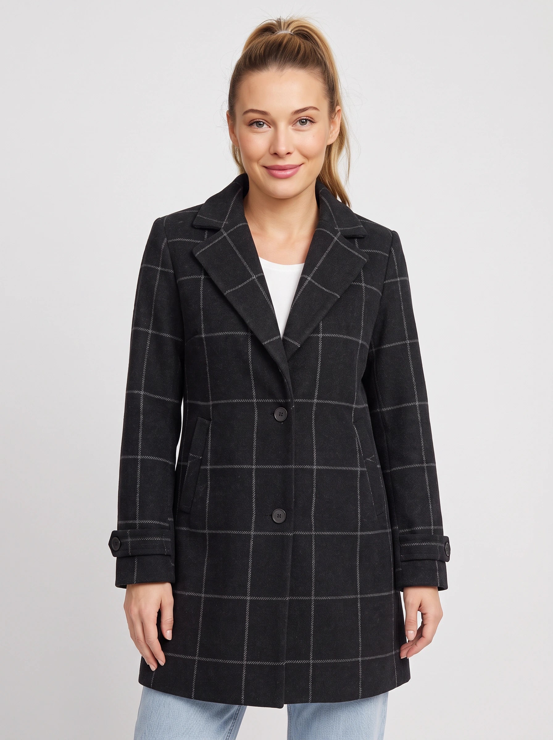 Manteau mi-long à revers crantés Gridwyn - Blazer femme à carreaux fenêtre, coupe ajustée, veste de travail et de bureau