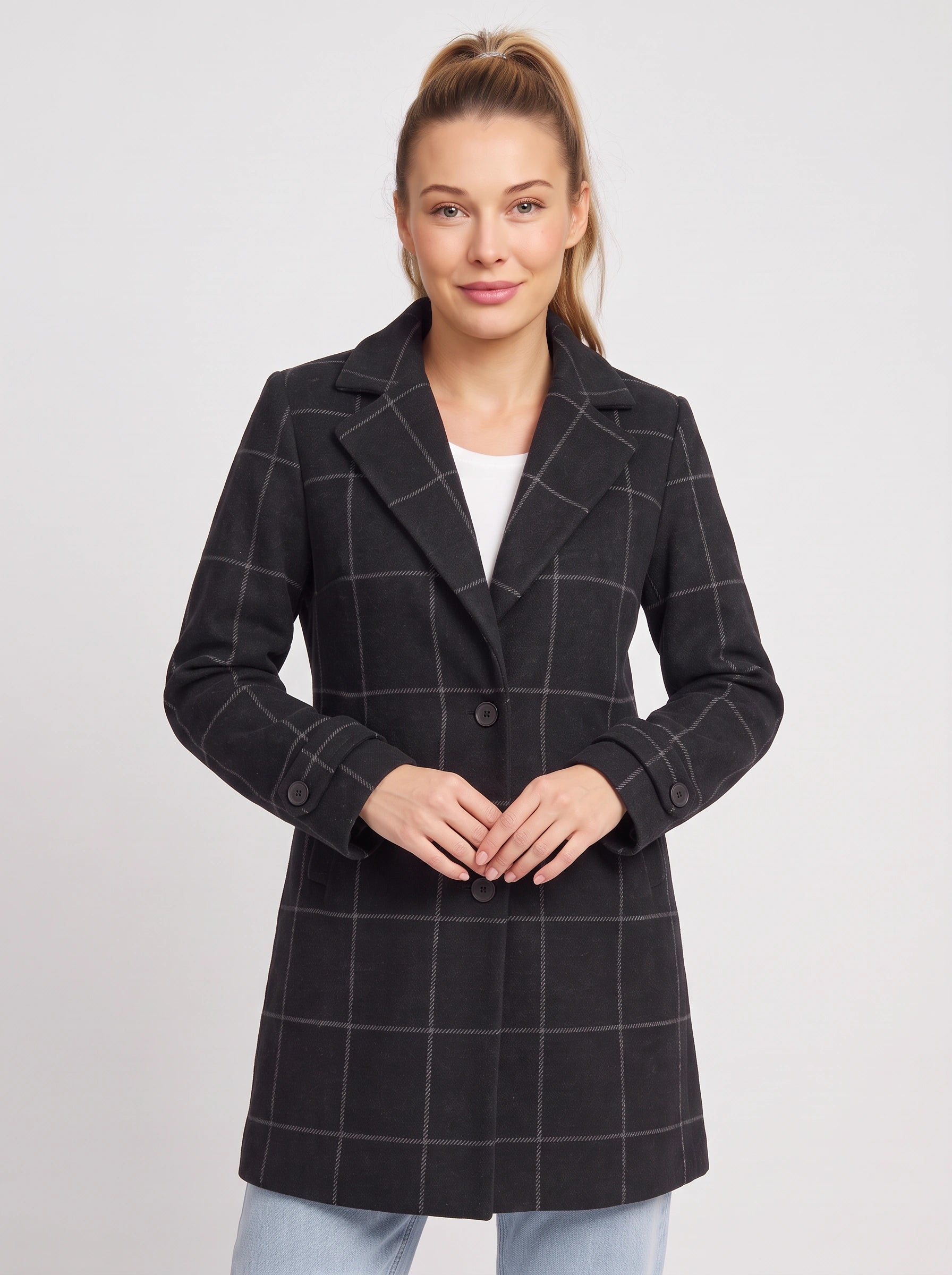 Manteau mi-long à revers crantés Gridwyn - Blazer femme à carreaux fenêtre, coupe ajustée, veste de travail et de bureau