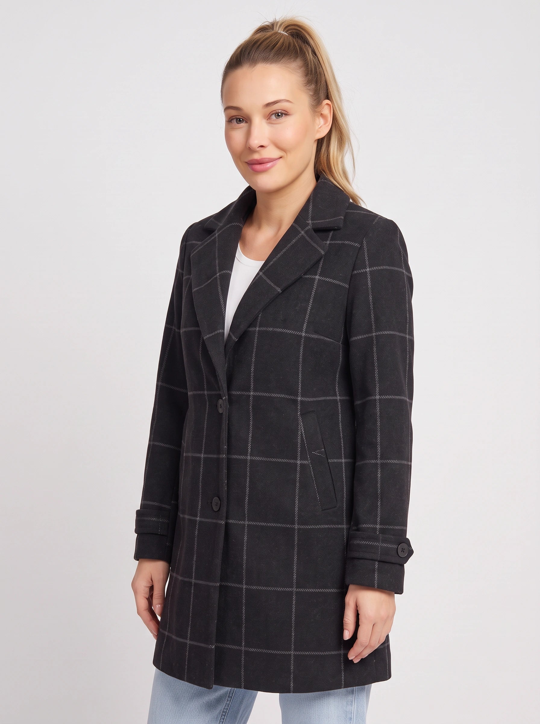 Manteau mi-long à revers crantés Gridwyn - Blazer femme à carreaux fenêtre, coupe ajustée, veste de travail et de bureau