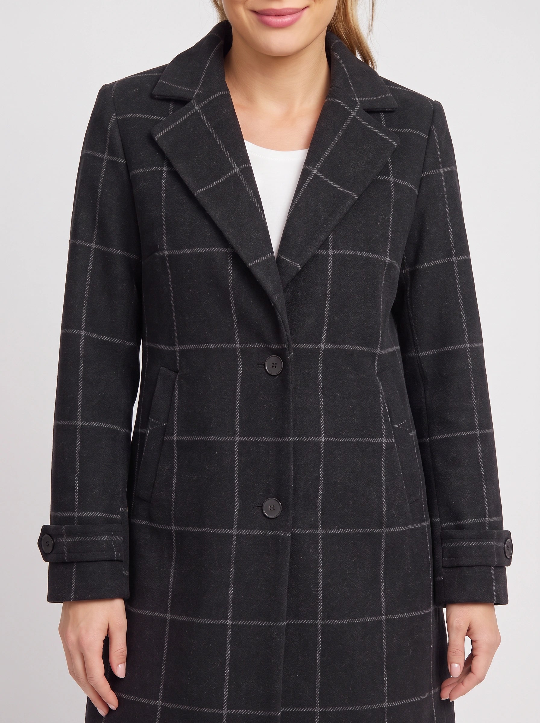 Manteau mi-long à revers crantés Gridwyn - Blazer femme à carreaux fenêtre, coupe ajustée, veste de travail et de bureau