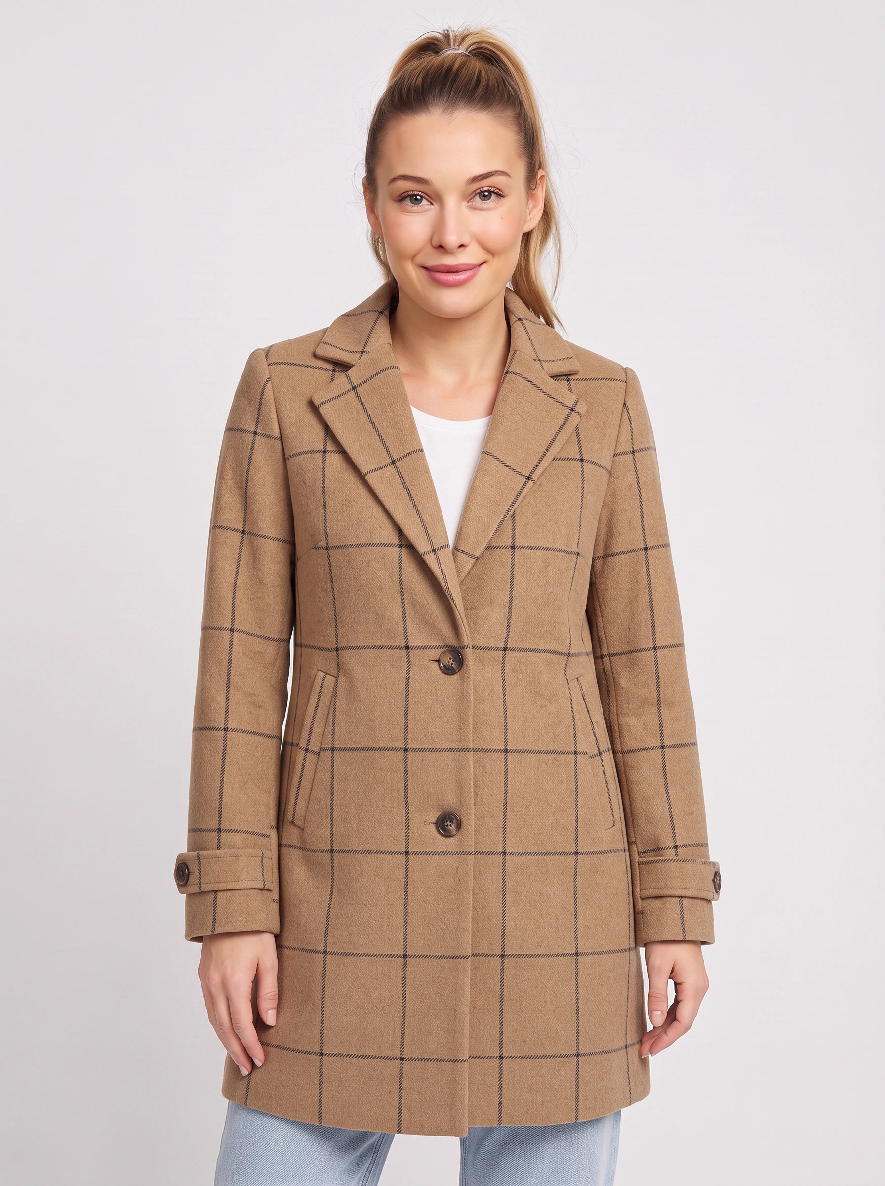 Manteau mi-long à revers crantés Gridwyn - Blazer femme à carreaux fenêtre, coupe ajustée, veste de travail et de bureau