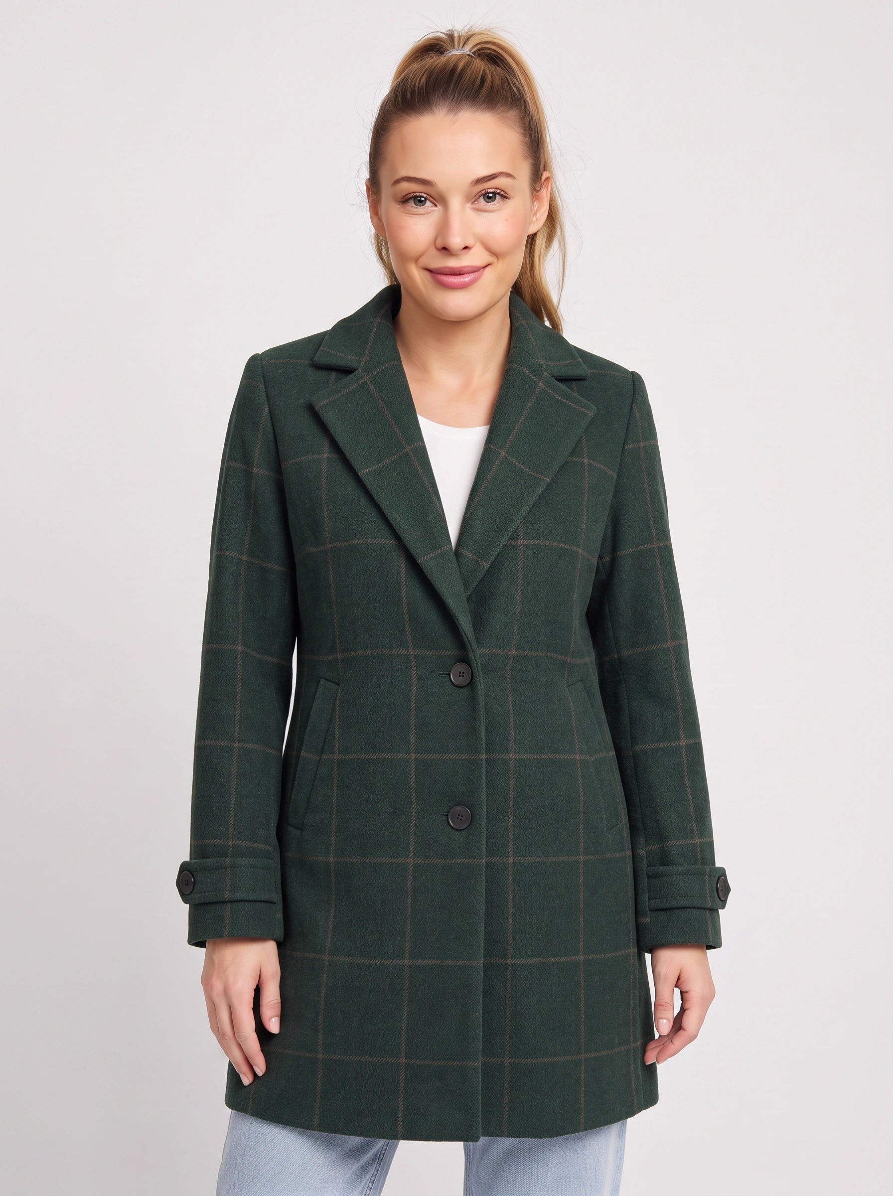 Manteau mi-long à revers crantés Gridwyn - Blazer femme à carreaux fenêtre, coupe ajustée, veste de travail et de bureau