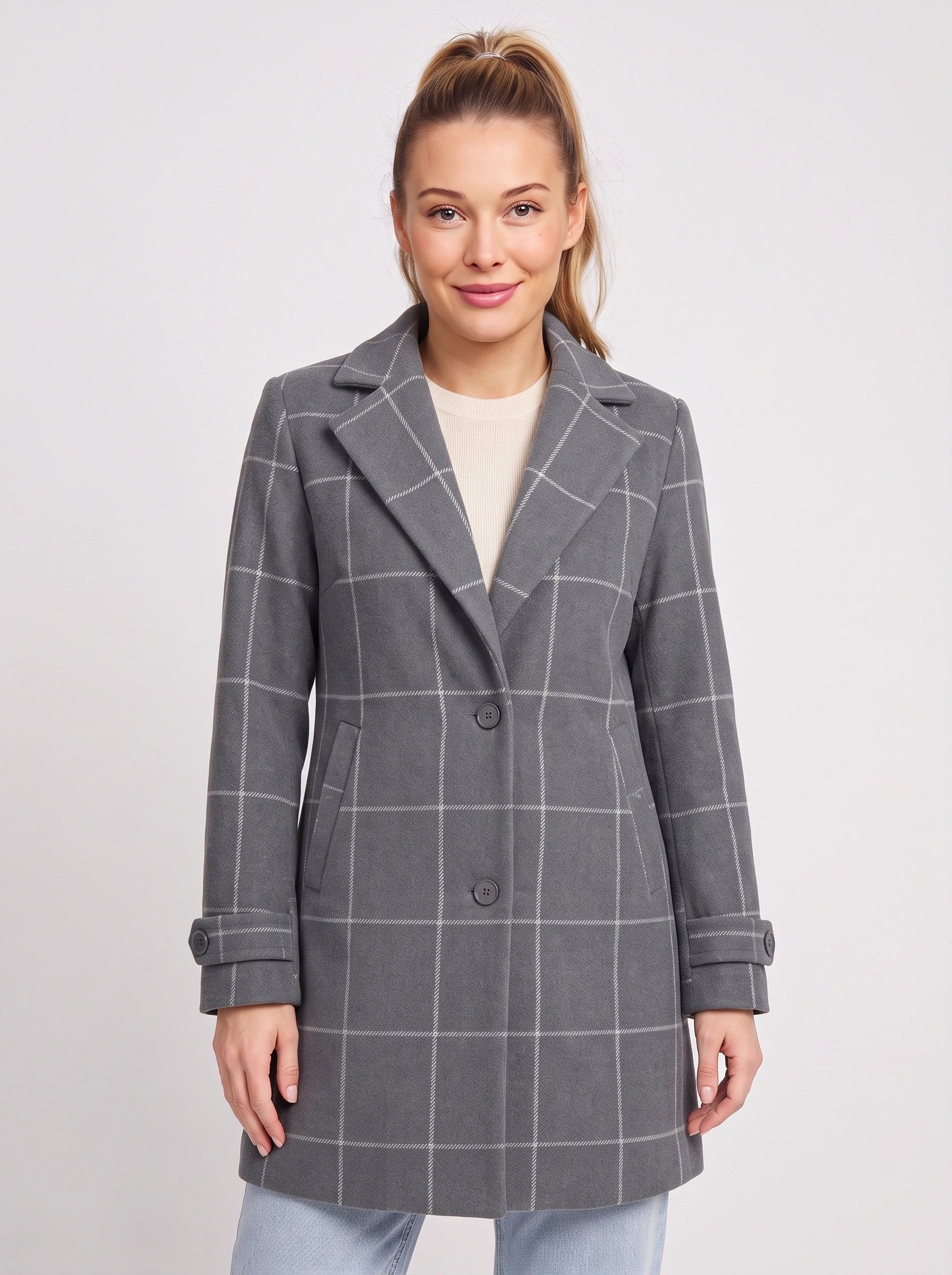 Manteau mi-long à revers crantés Gridwyn - Blazer femme à carreaux fenêtre, coupe ajustée, veste de travail et de bureau