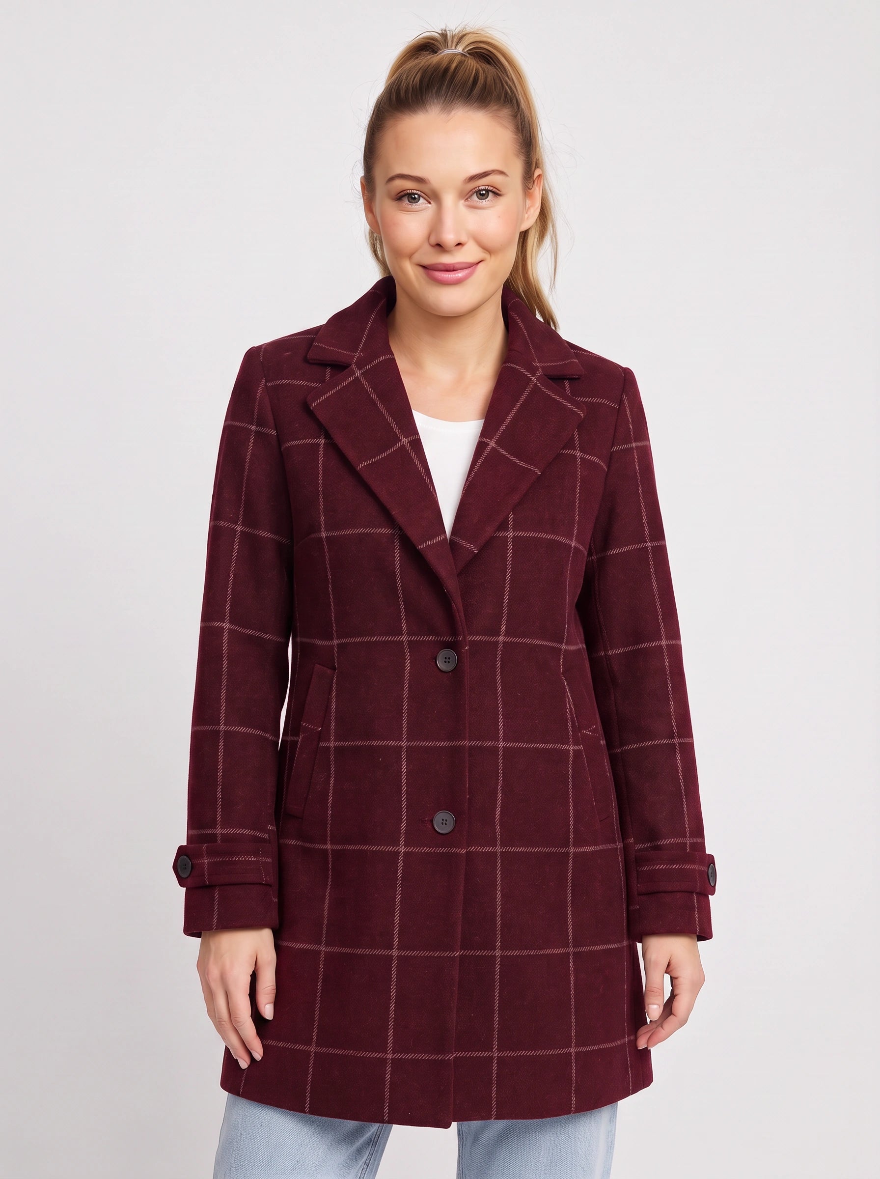 Manteau mi-long à revers crantés Gridwyn - Blazer femme à carreaux fenêtre, coupe ajustée, veste de travail et de bureau