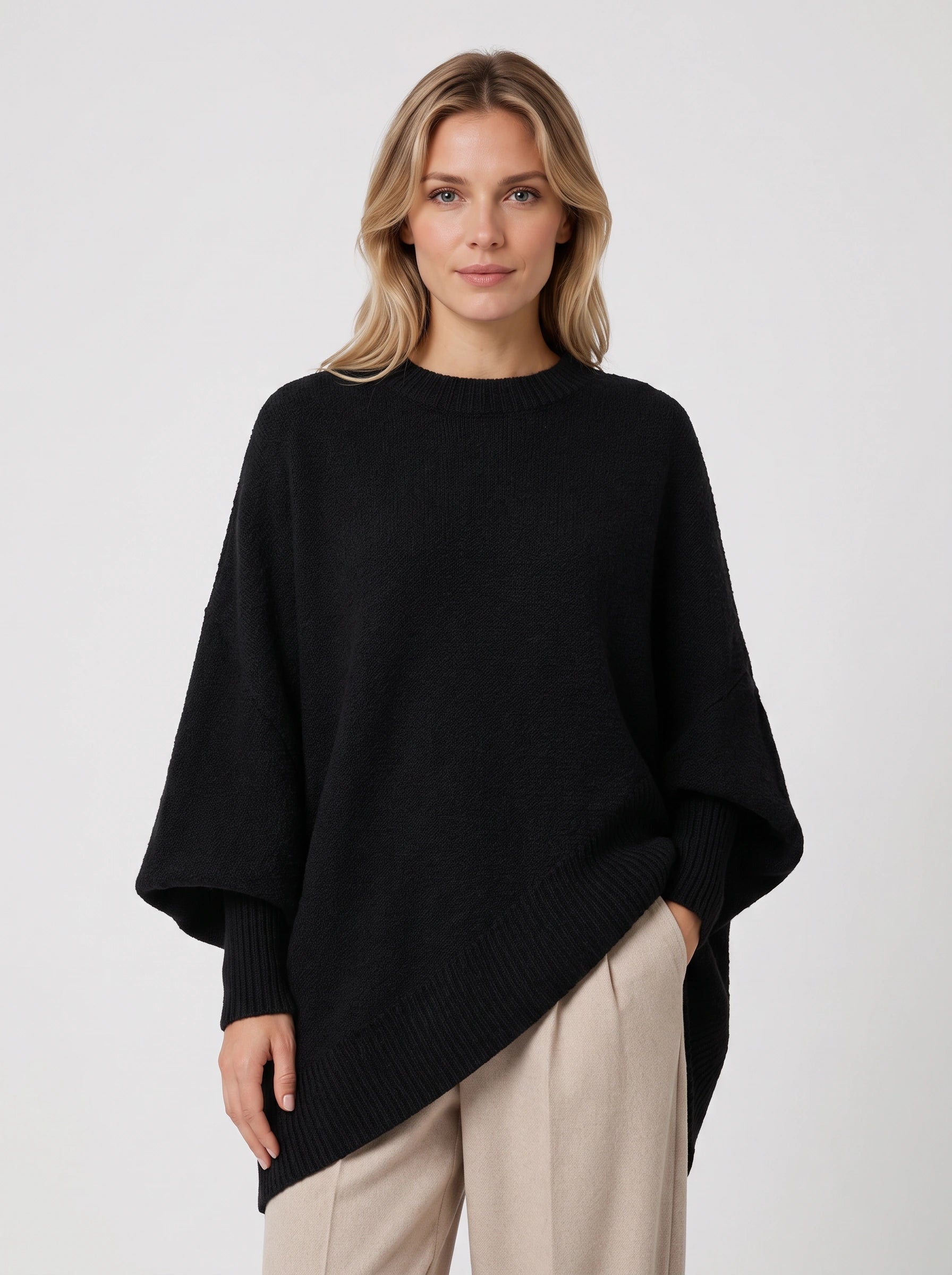 Poncho asymétrique Orlow - Pull cape oversize pour femme, manches côtelées, pull d'automne