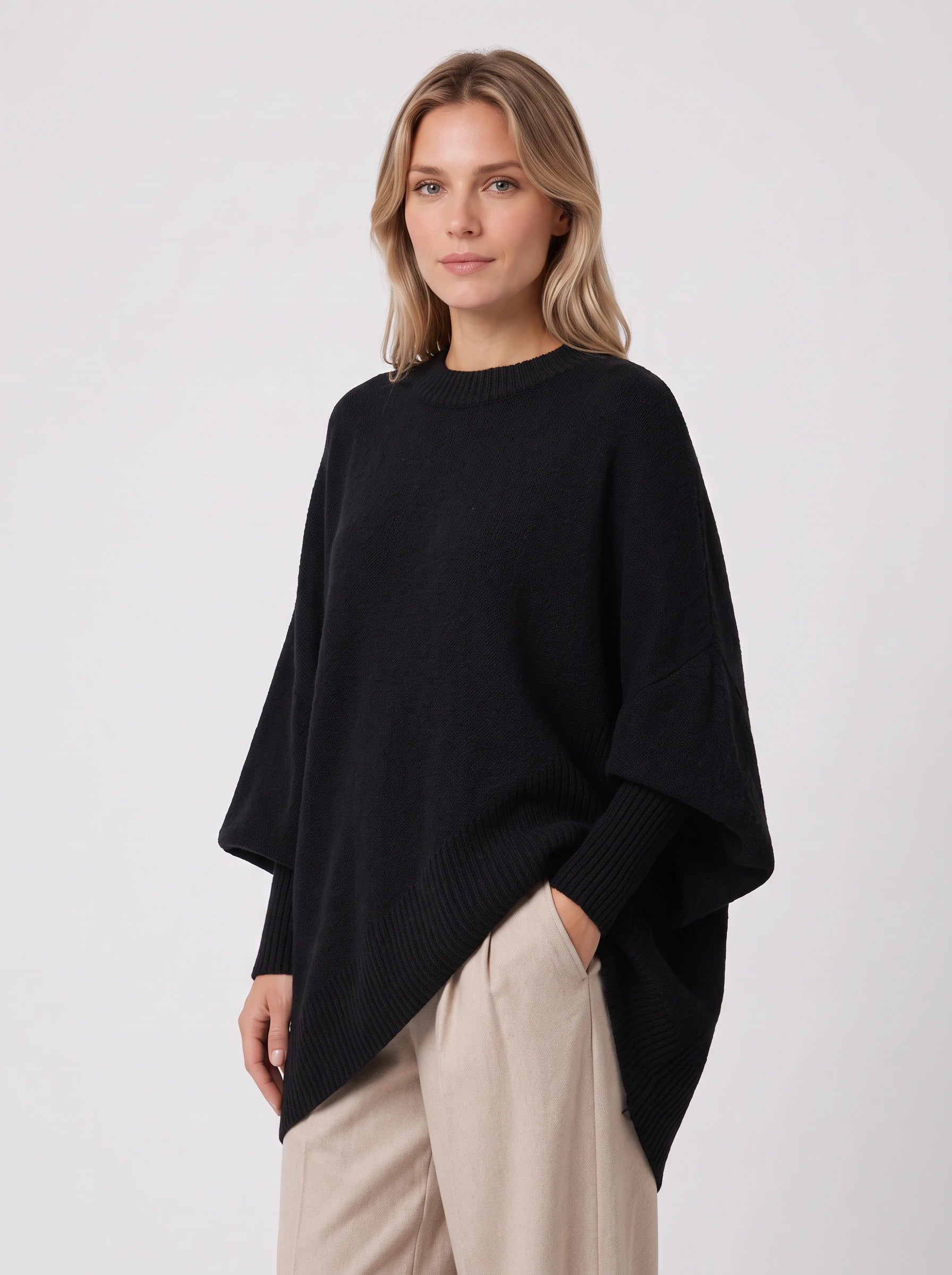 Poncho asymétrique Orlow - Pull cape oversize pour femme, manches côtelées, pull d'automne