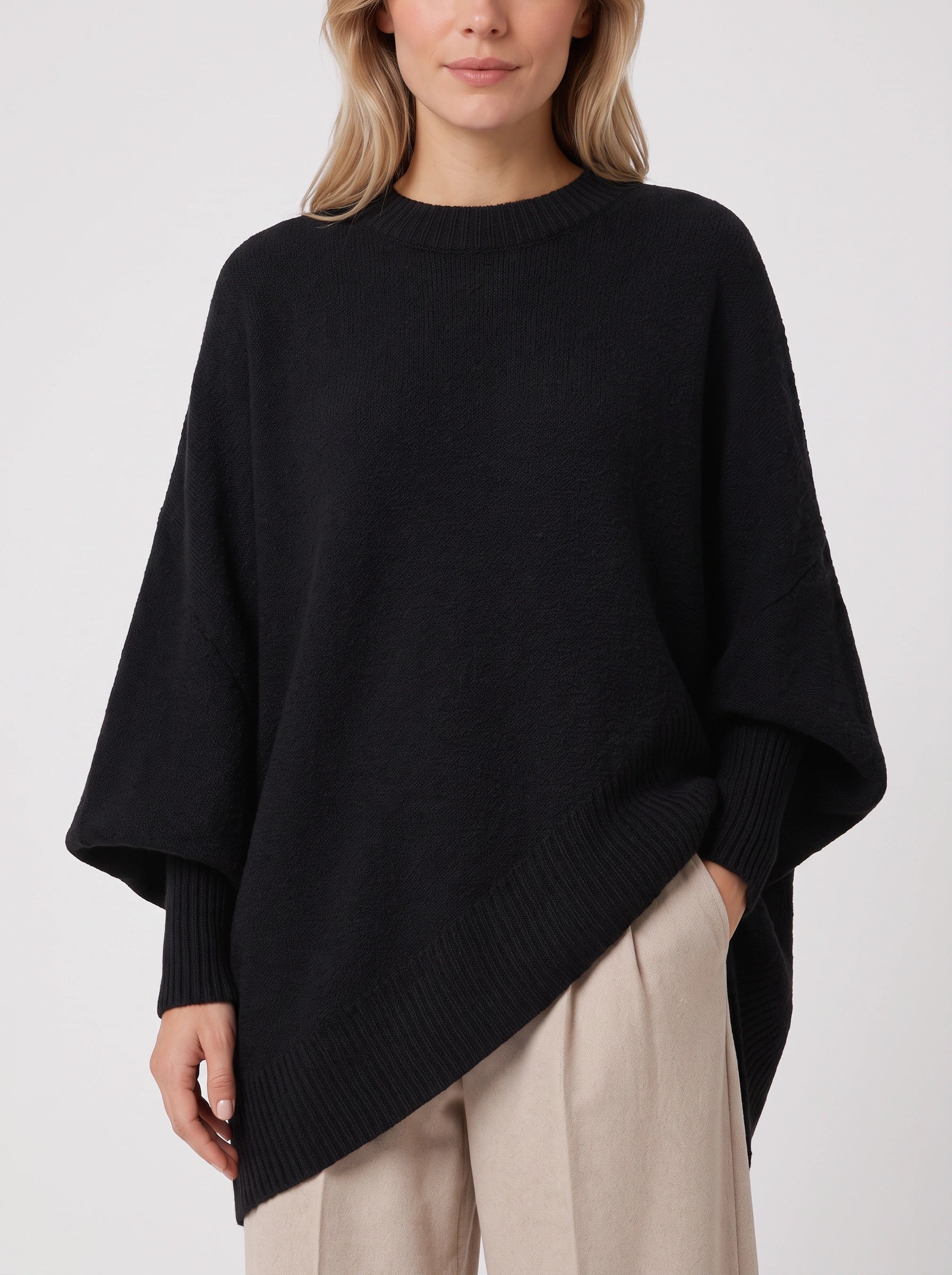 Poncho asymétrique Orlow - Pull cape oversize pour femme, manches côtelées, pull d'automne