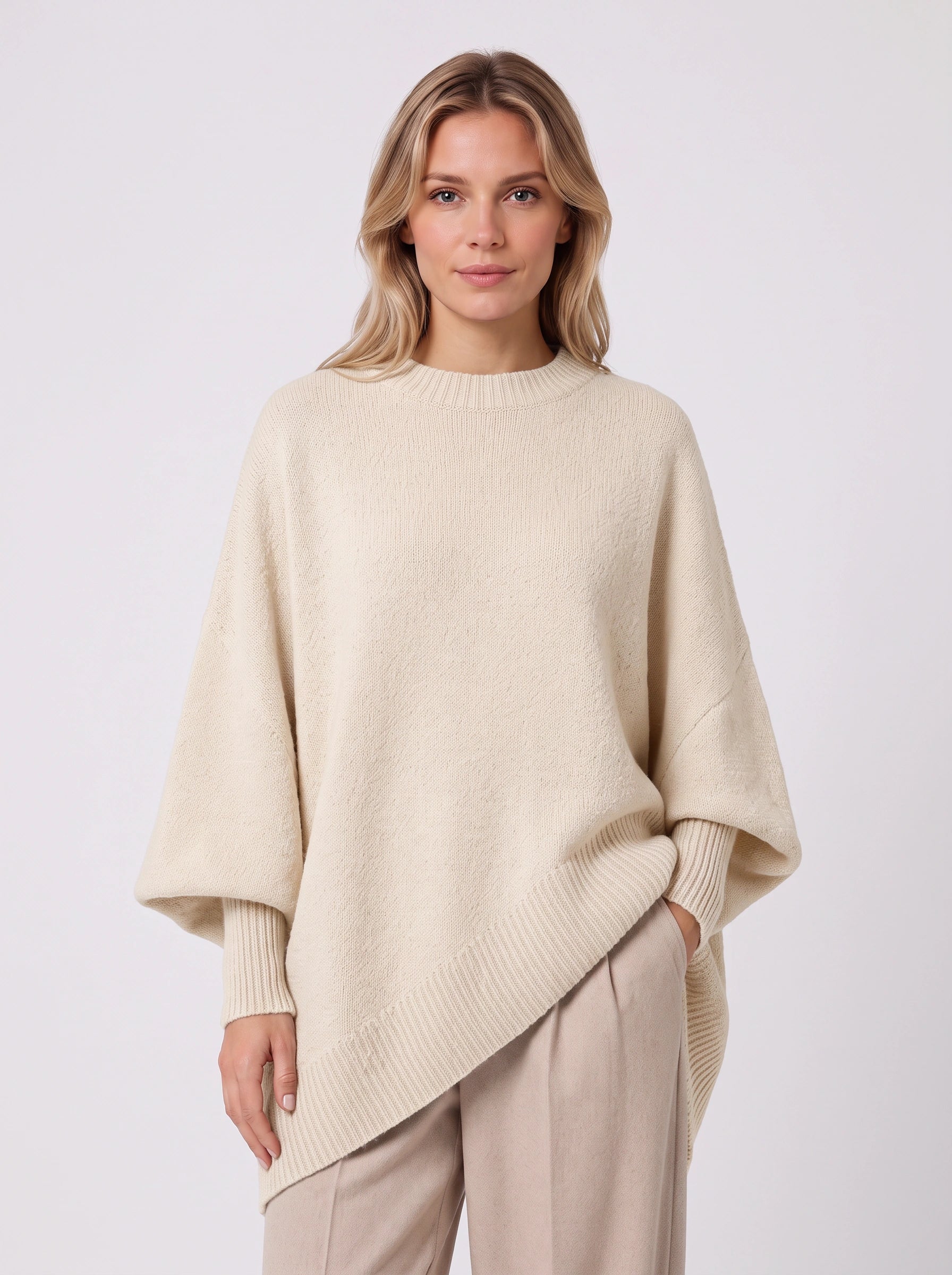 Poncho asymétrique Orlow - Pull cape oversize pour femme, manches côtelées, pull d'automne