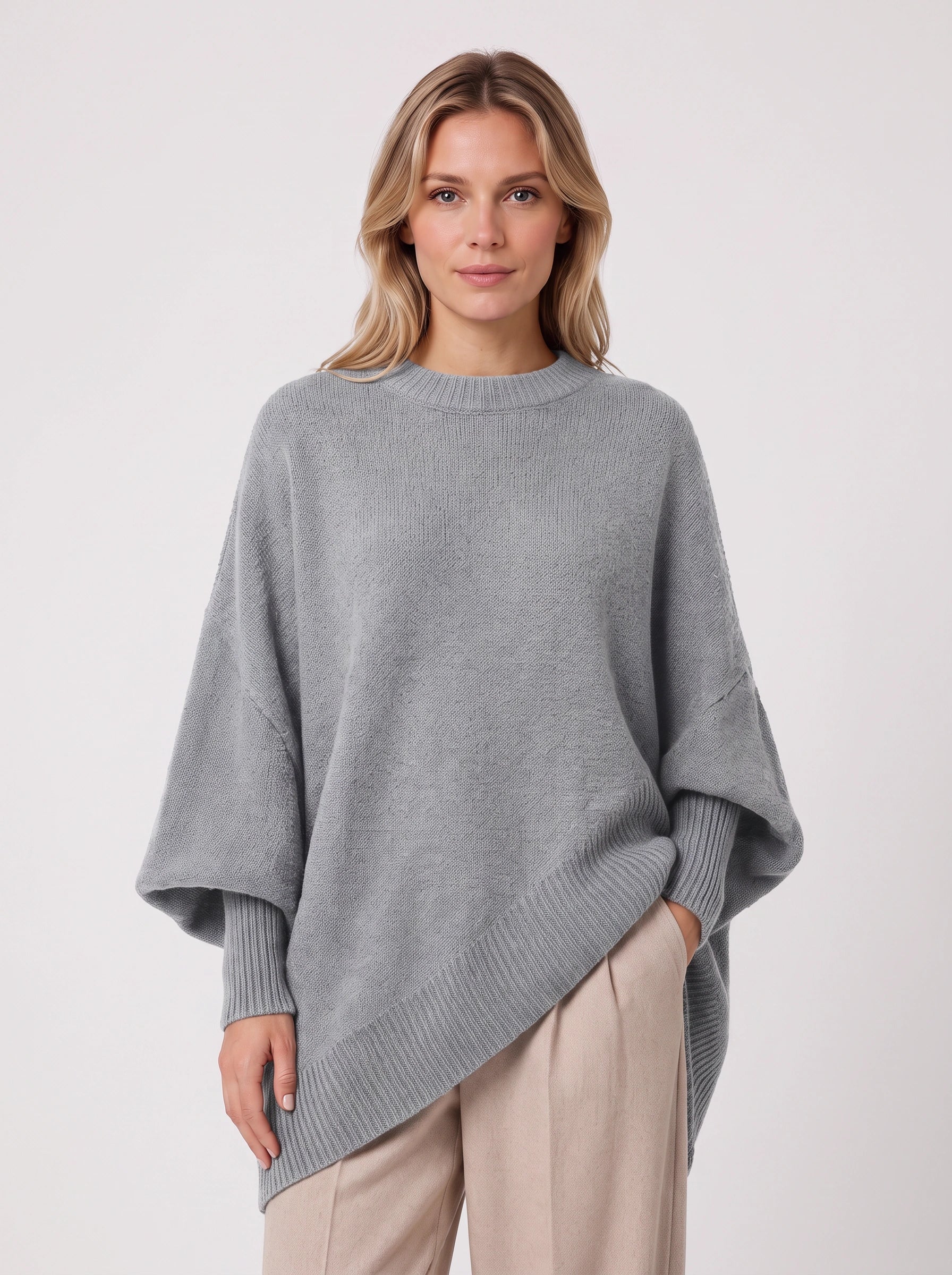 Poncho asymétrique Orlow - Pull cape oversize pour femme, manches côtelées, pull d'automne