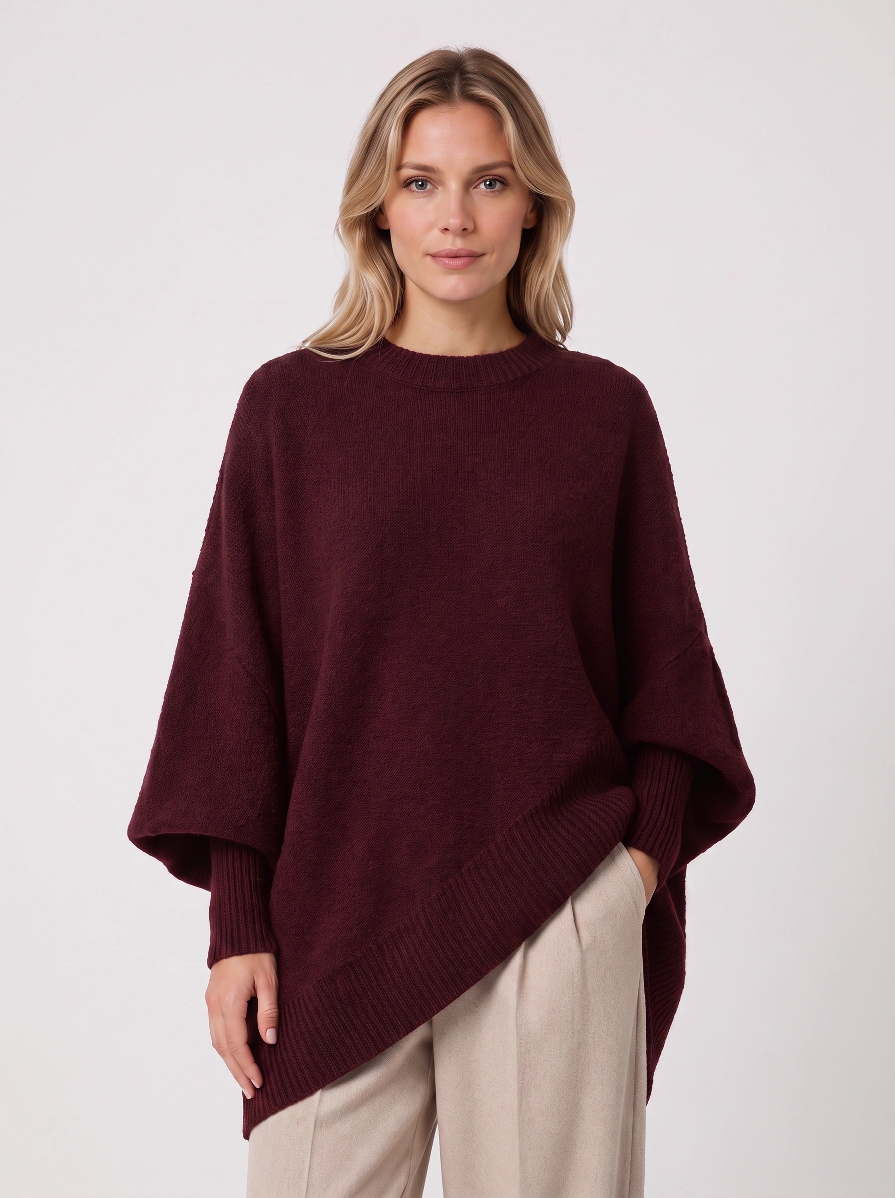 Poncho asymétrique Orlow - Pull cape oversize pour femme, manches côtelées, pull d'automne