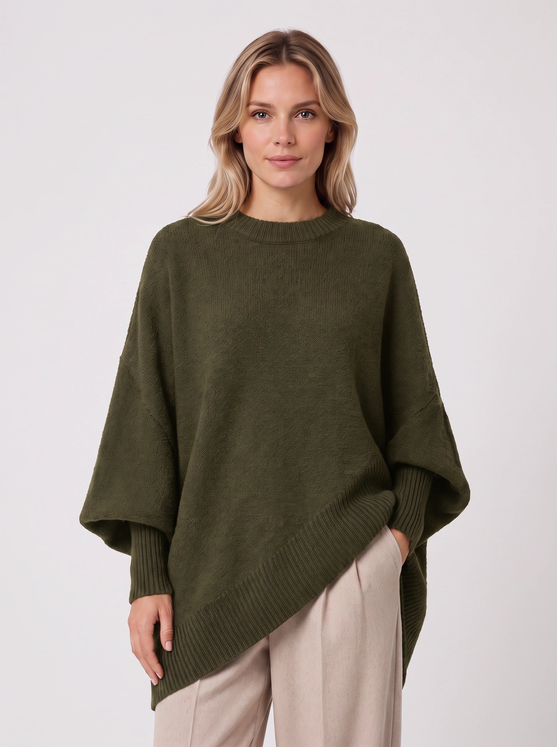 Poncho asymétrique Orlow - Pull cape oversize pour femme, manches côtelées, pull d'automne