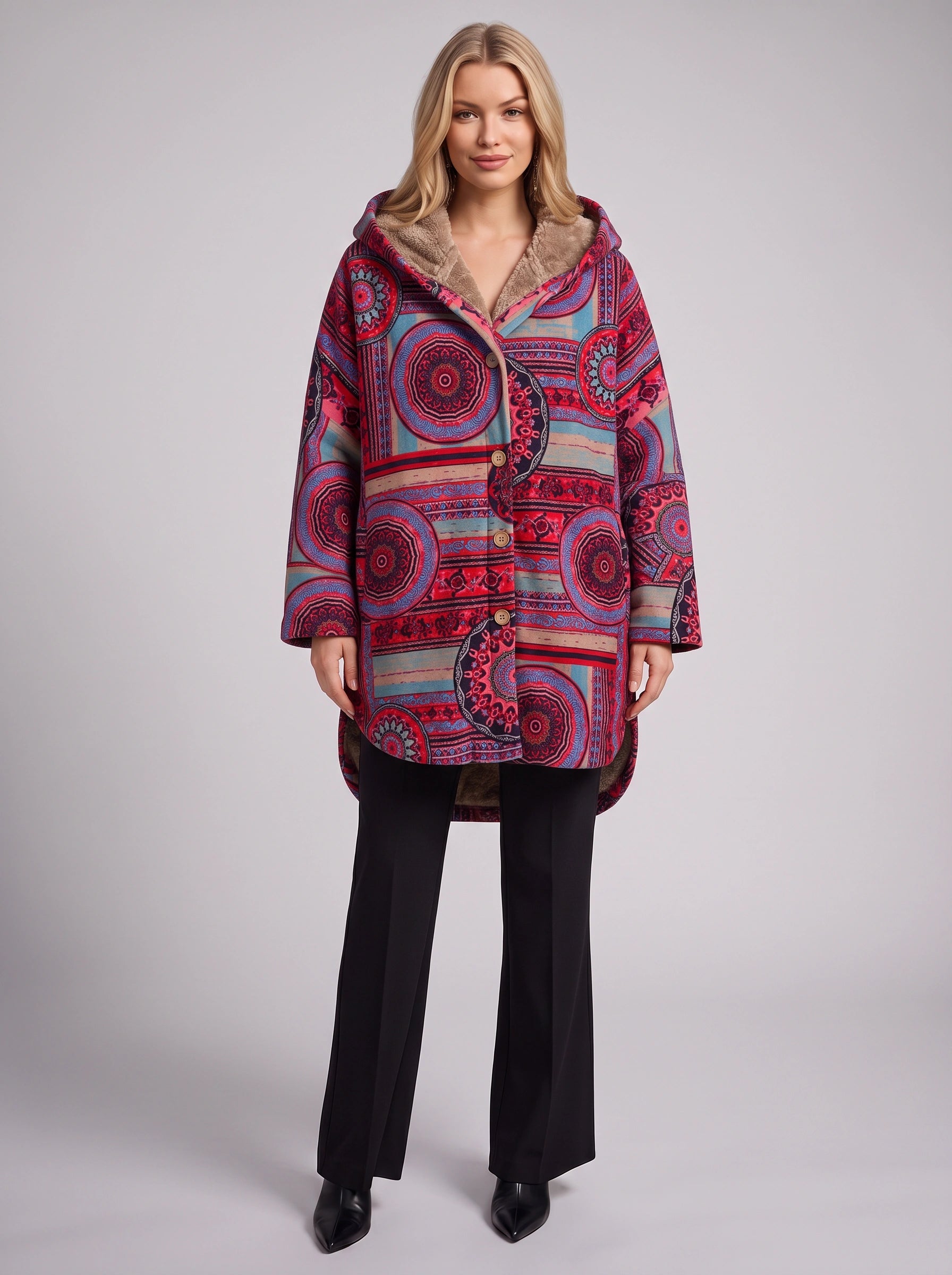 Cirqana Hooded Longline Jacket – Women Bohemian Ethnic Wear Oversized Printed Button Front Coat