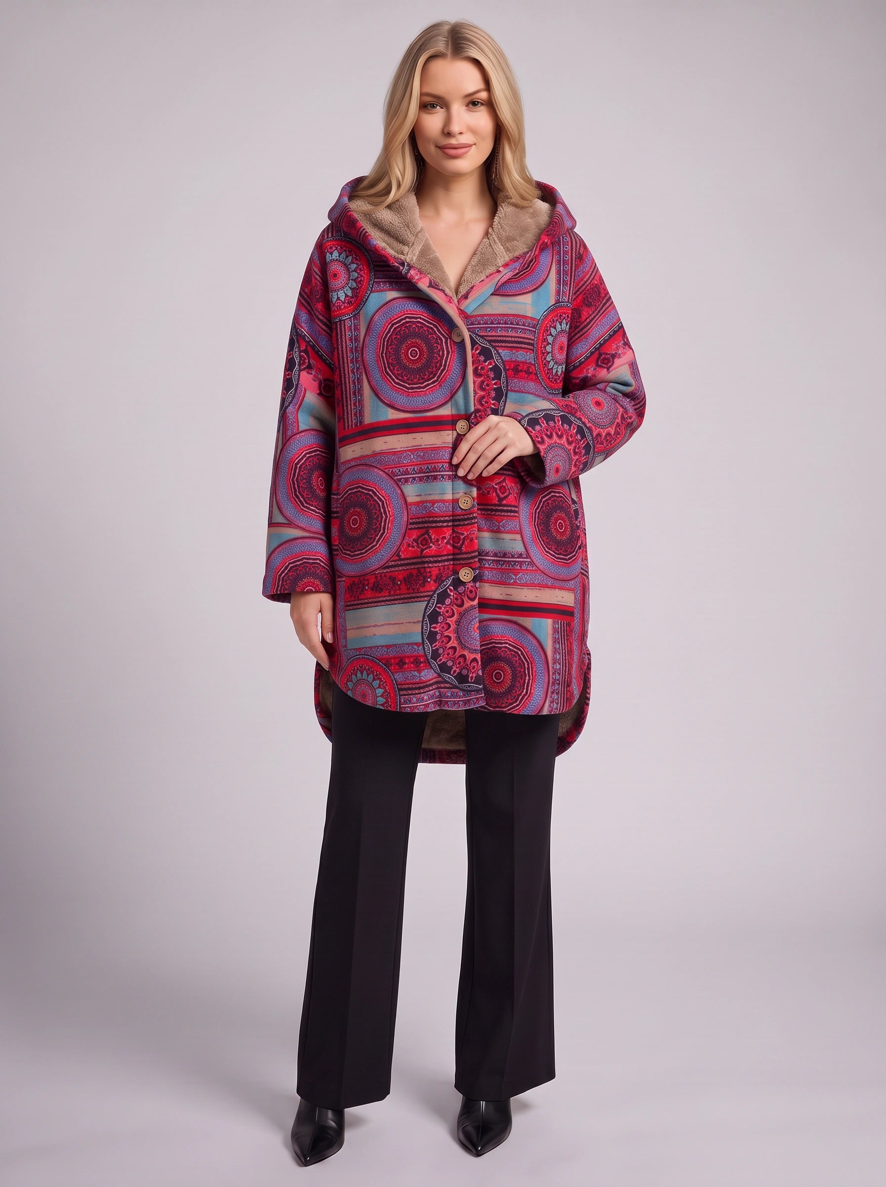 Cirqana Hooded Longline Jacket – Women Bohemian Ethnic Wear Oversized Printed Button Front Coat