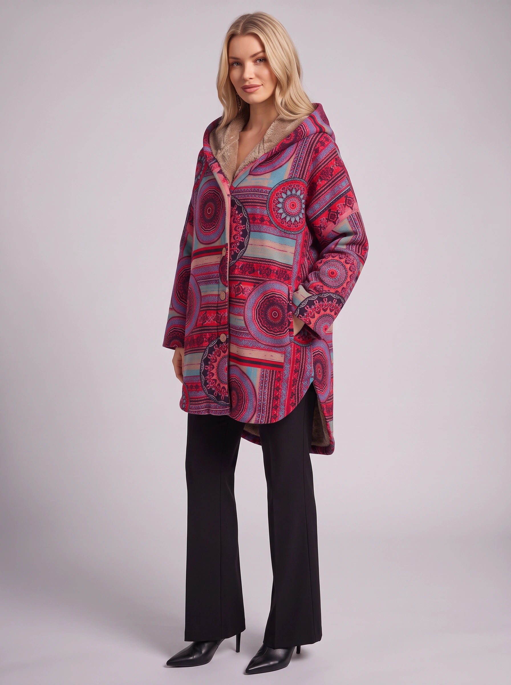 Cirqana Hooded Longline Jacket – Women Bohemian Ethnic Wear Oversized Printed Button Front Coat