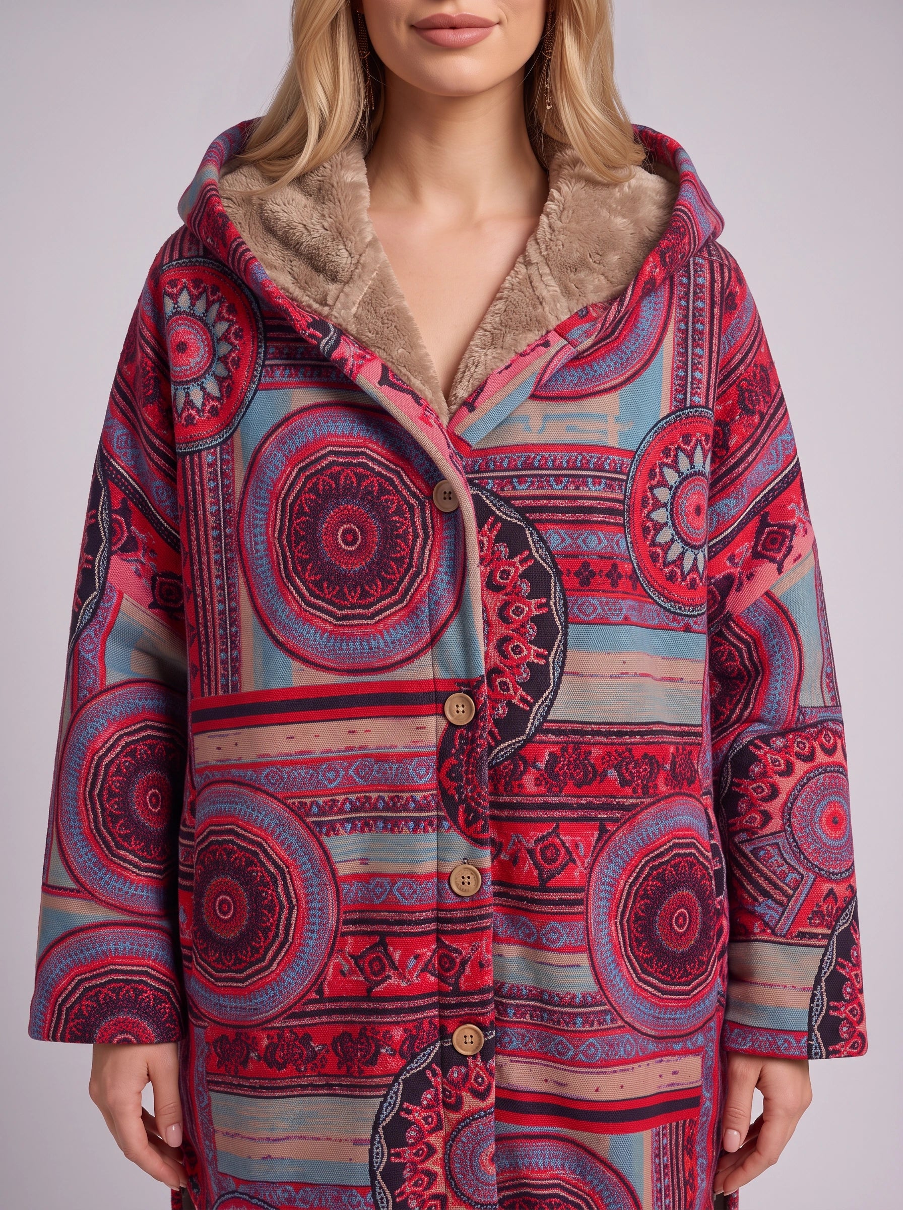 Cirqana Hooded Longline Jacket – Women Bohemian Ethnic Wear Oversized Printed Button Front Coat