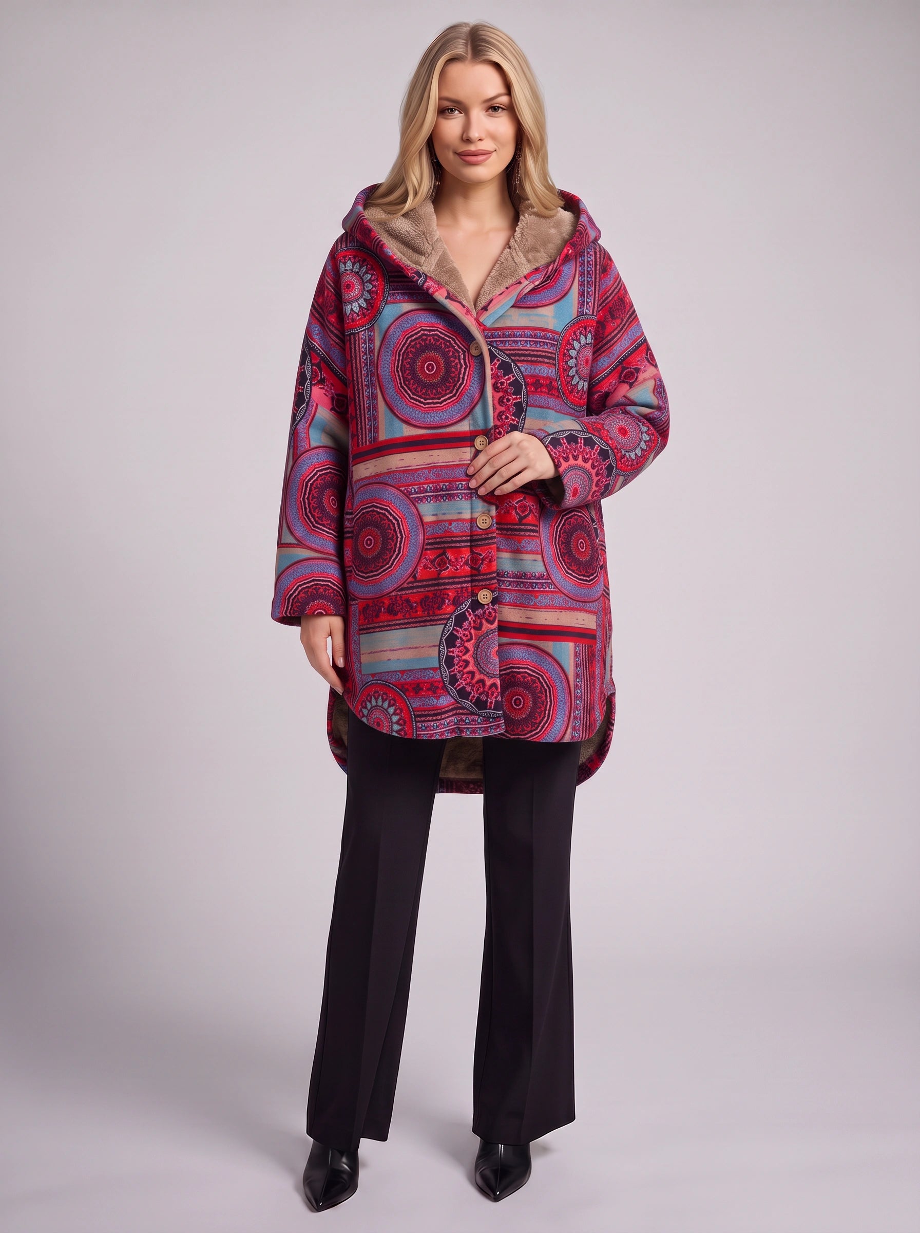 Cirqana Hooded Longline Jacket – Women Bohemian Ethnic Wear Oversized Printed Button Front Coat