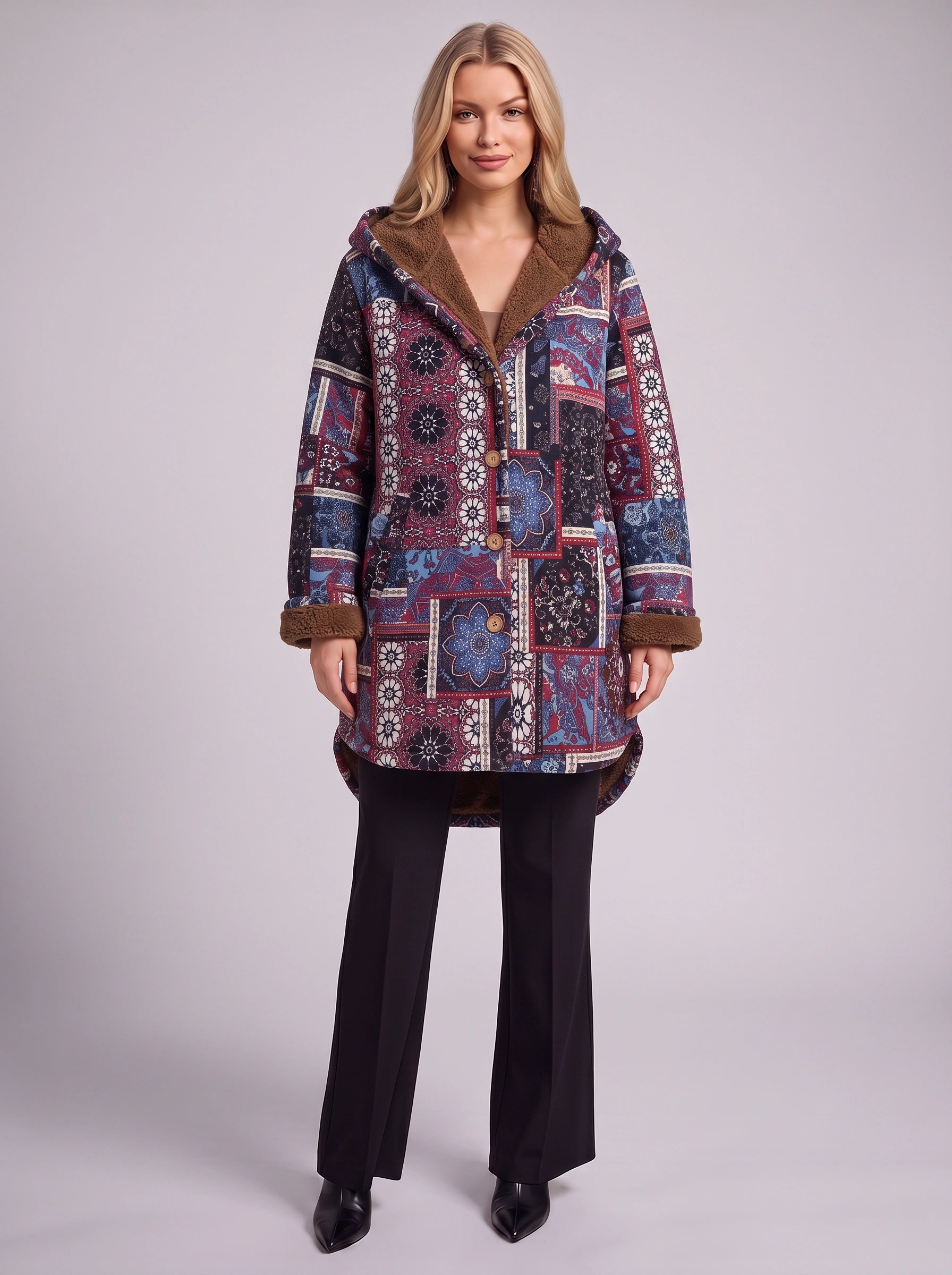 Cirqana Hooded Longline Jacket – Women Bohemian Ethnic Wear Oversized Printed Button Front Coat