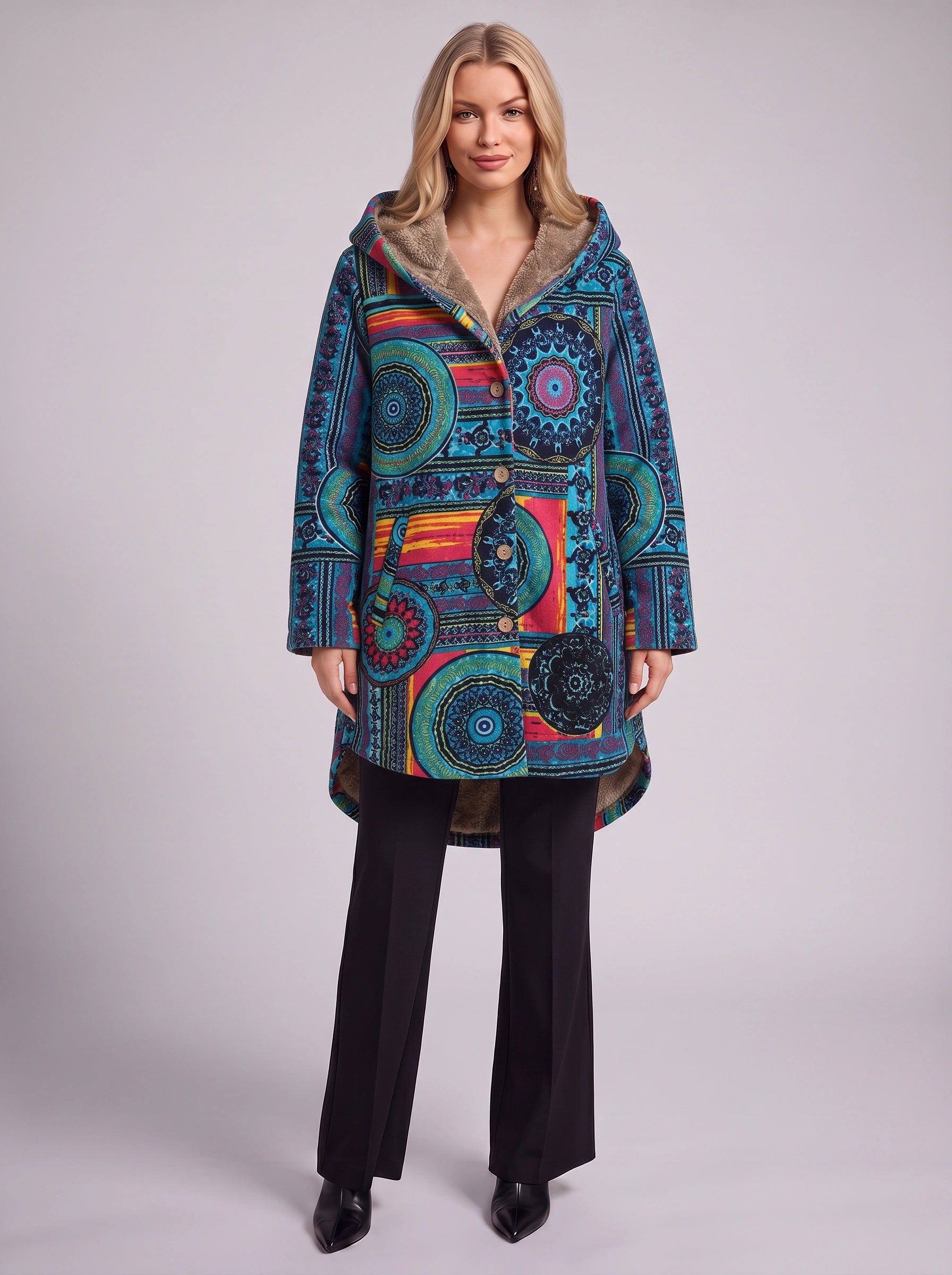Cirqana Hooded Longline Jacket – Women Bohemian Ethnic Wear Oversized Printed Button Front Coat