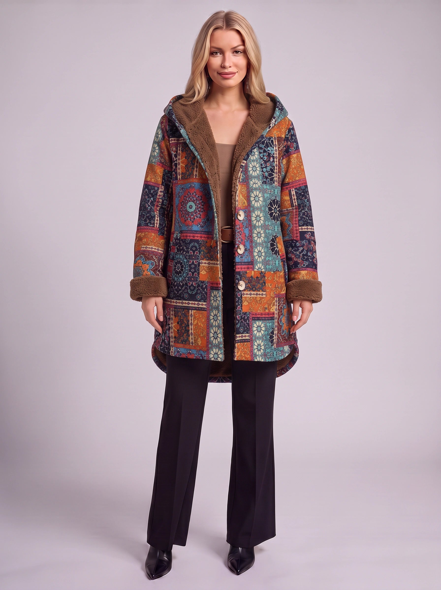 Cirqana Hooded Longline Jacket – Women Bohemian Ethnic Wear Oversized Printed Button Front Coat