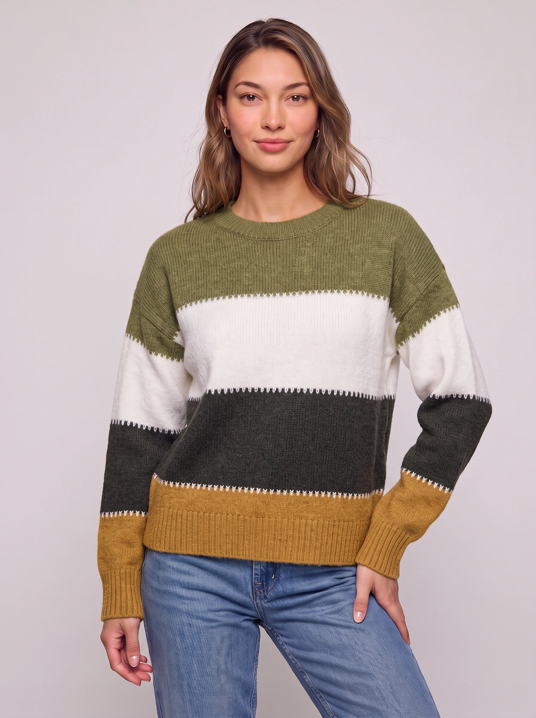 Pull à col rond rayé Brigande - Pull en maille à blocs de couleurs pour femme, décontracté, ample, automne-hiver