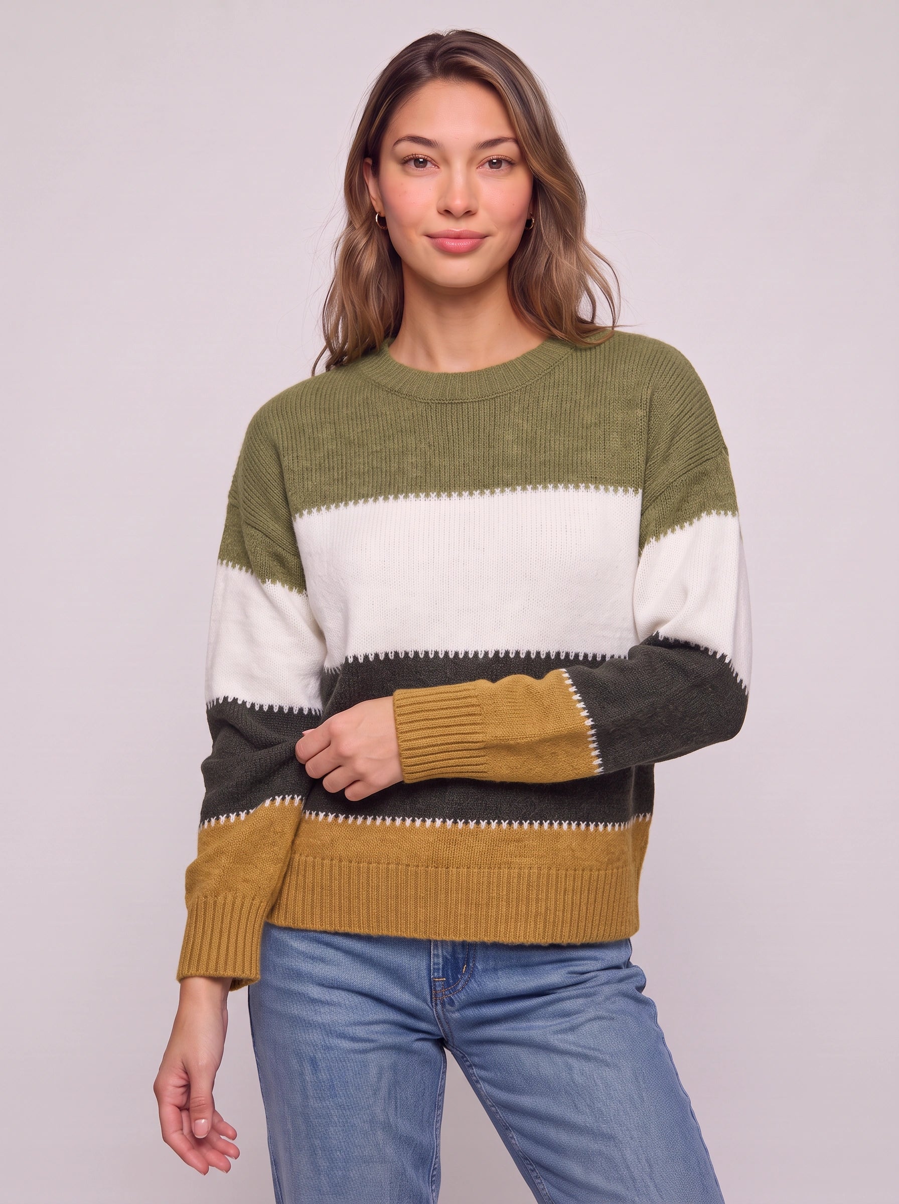 Pull à col rond rayé Brigande - Pull en maille à blocs de couleurs pour femme, décontracté, ample, automne-hiver