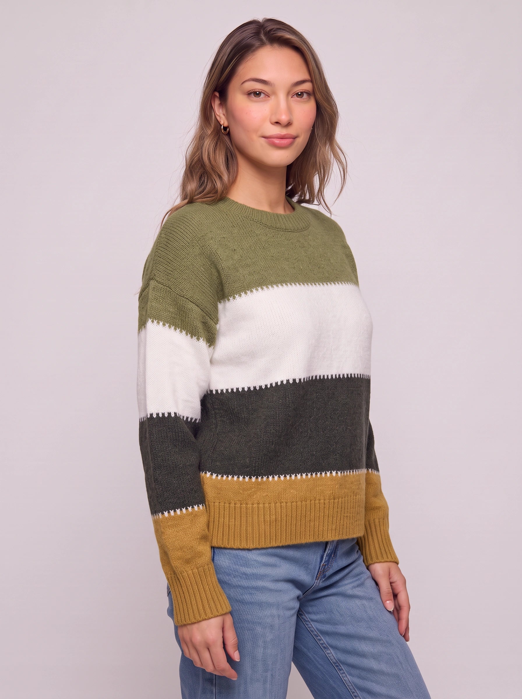 Pull à col rond rayé Brigande - Pull en maille à blocs de couleurs pour femme, décontracté, ample, automne-hiver