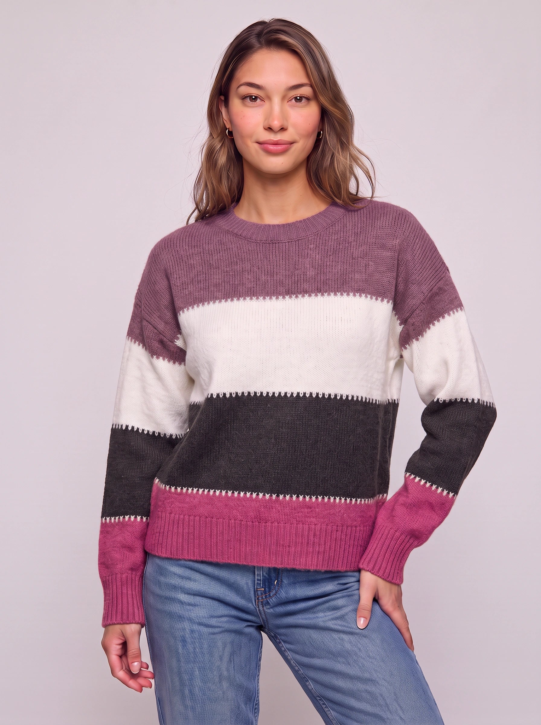 Pull à col rond rayé Brigande - Pull en maille à blocs de couleurs pour femme, décontracté, ample, automne-hiver