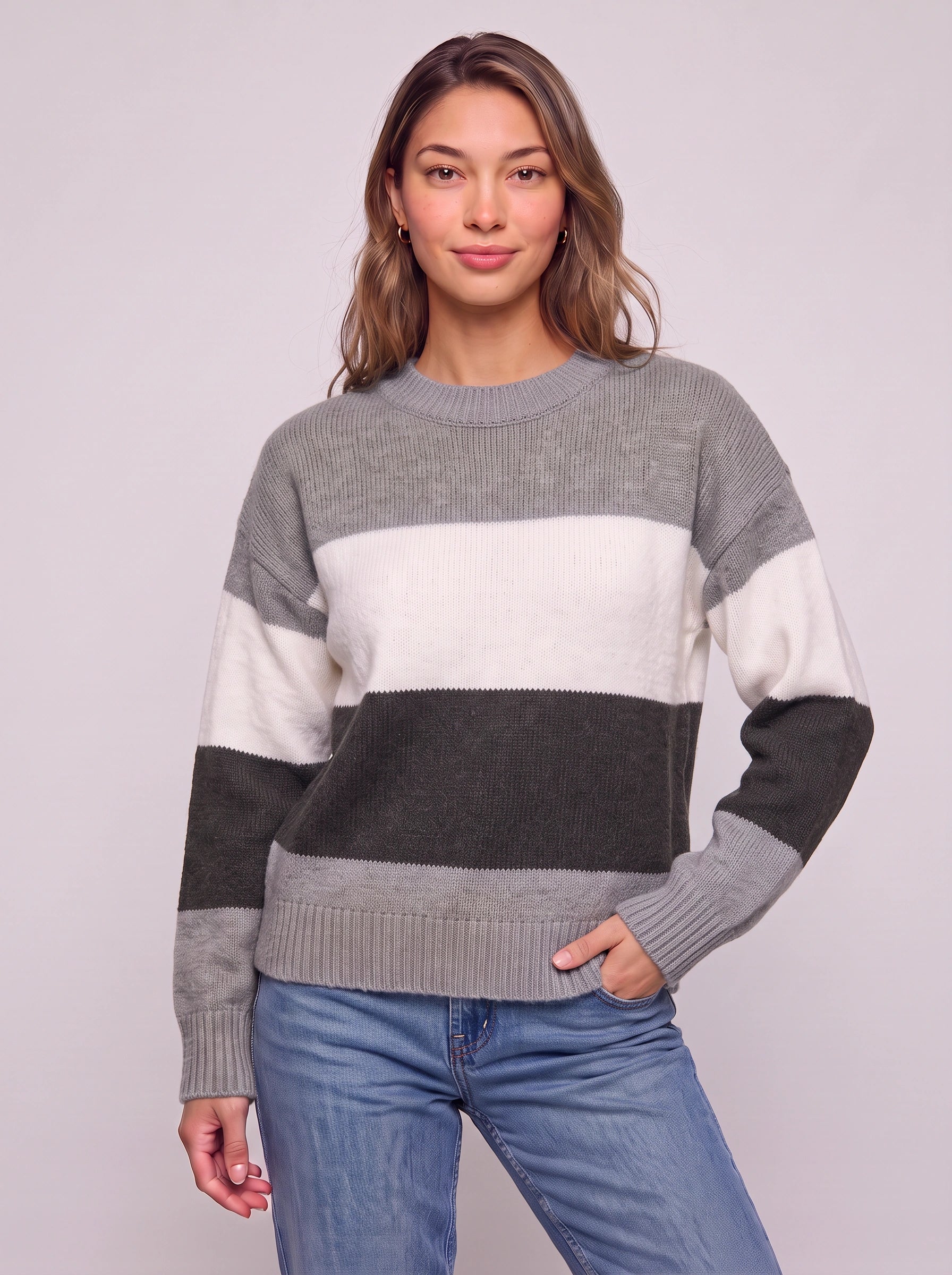 Pull à col rond rayé Brigande - Pull en maille à blocs de couleurs pour femme, décontracté, ample, automne-hiver
