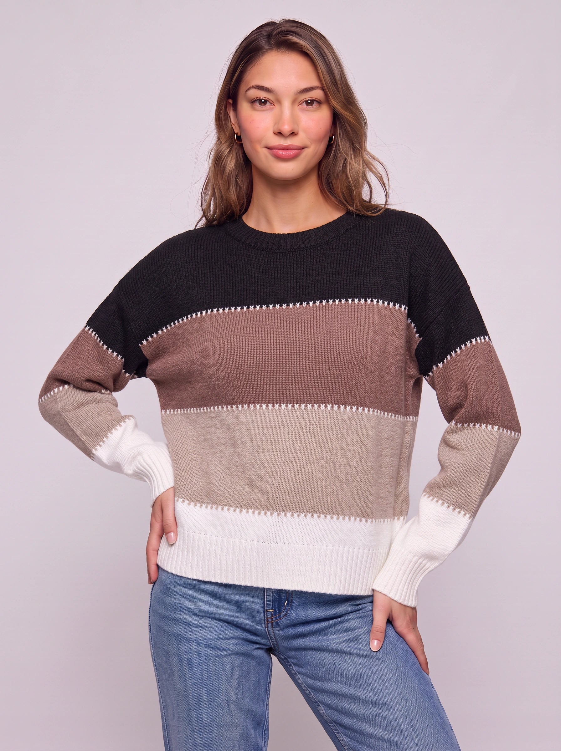 Pull à col rond rayé Brigande - Pull en maille à blocs de couleurs pour femme, décontracté, ample, automne-hiver