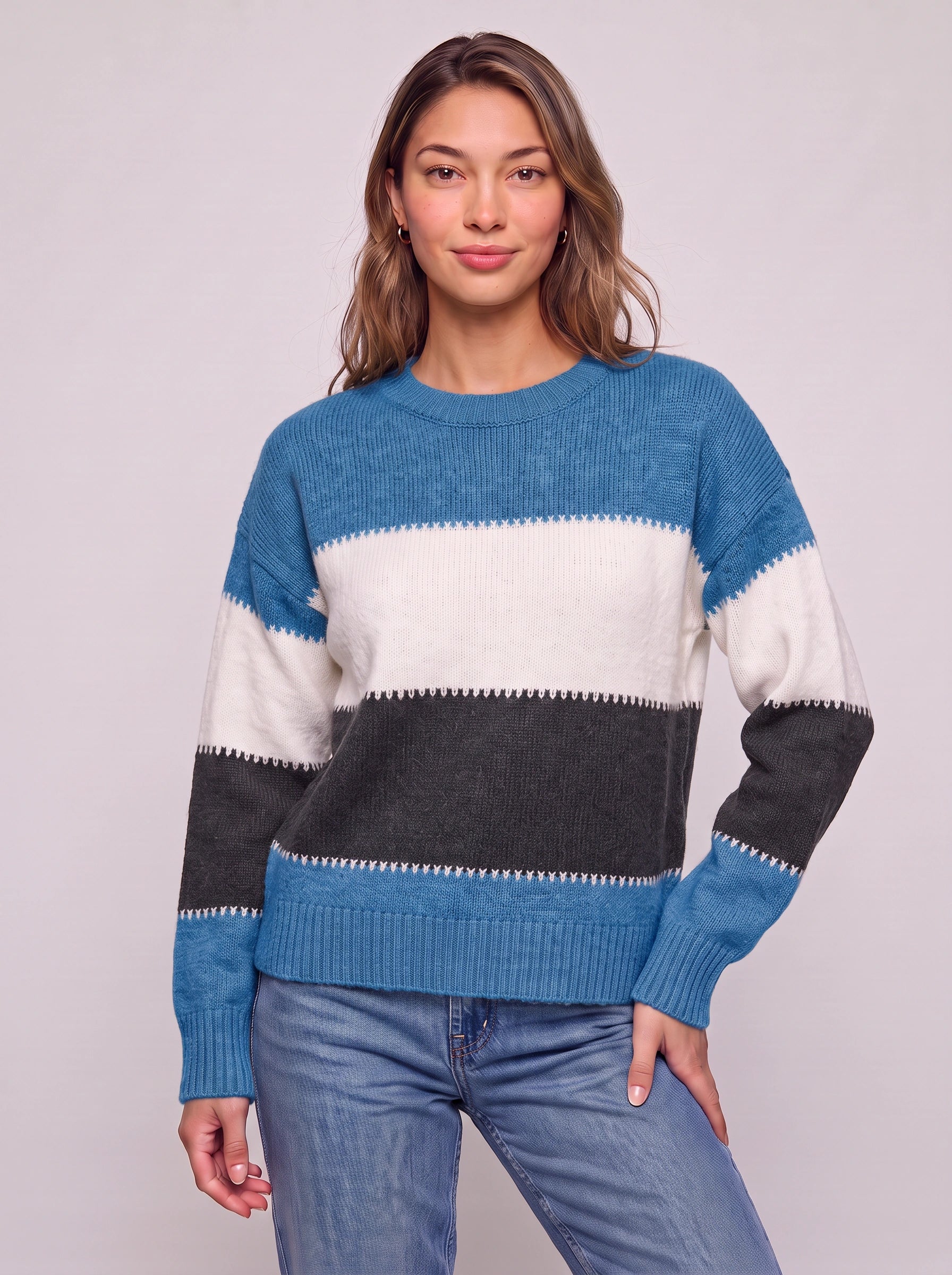 Pull à col rond rayé Brigande - Pull en maille à blocs de couleurs pour femme, décontracté, ample, automne-hiver