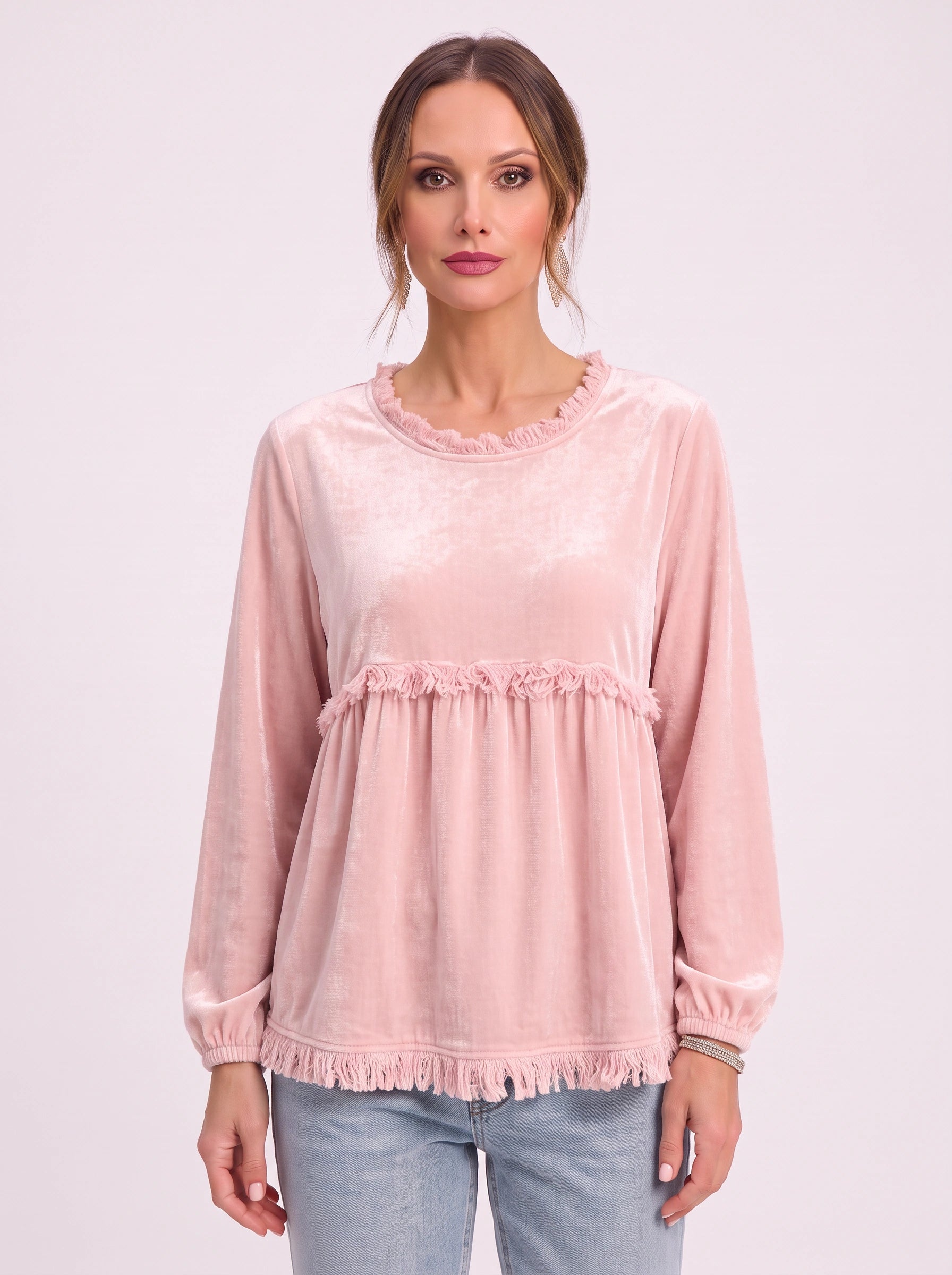 Top babydoll en velours Fringette - Blouse ample à manches longues pour femme, décontractée, bohème vintage, avec bordure à franges