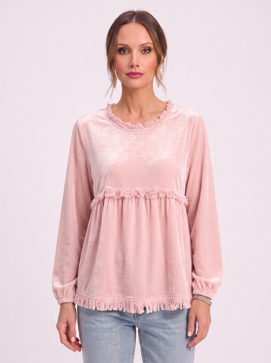 Top babydoll en velours Fringette - Blouse ample à manches longues pour femme, décontractée, bohème vintage, avec bordure à franges