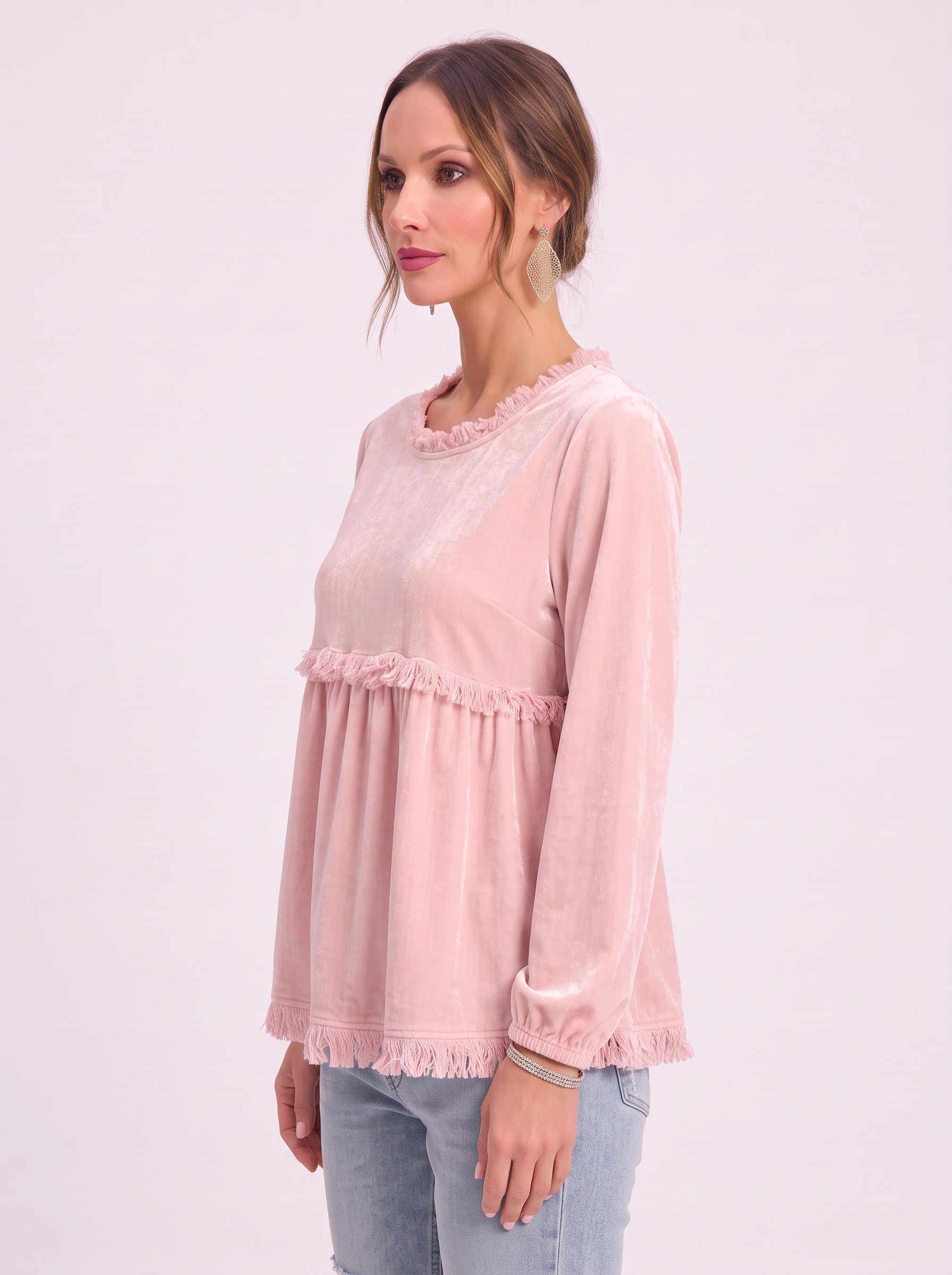 Top babydoll en velours Fringette - Blouse ample à manches longues pour femme, décontractée, bohème vintage, avec bordure à franges
