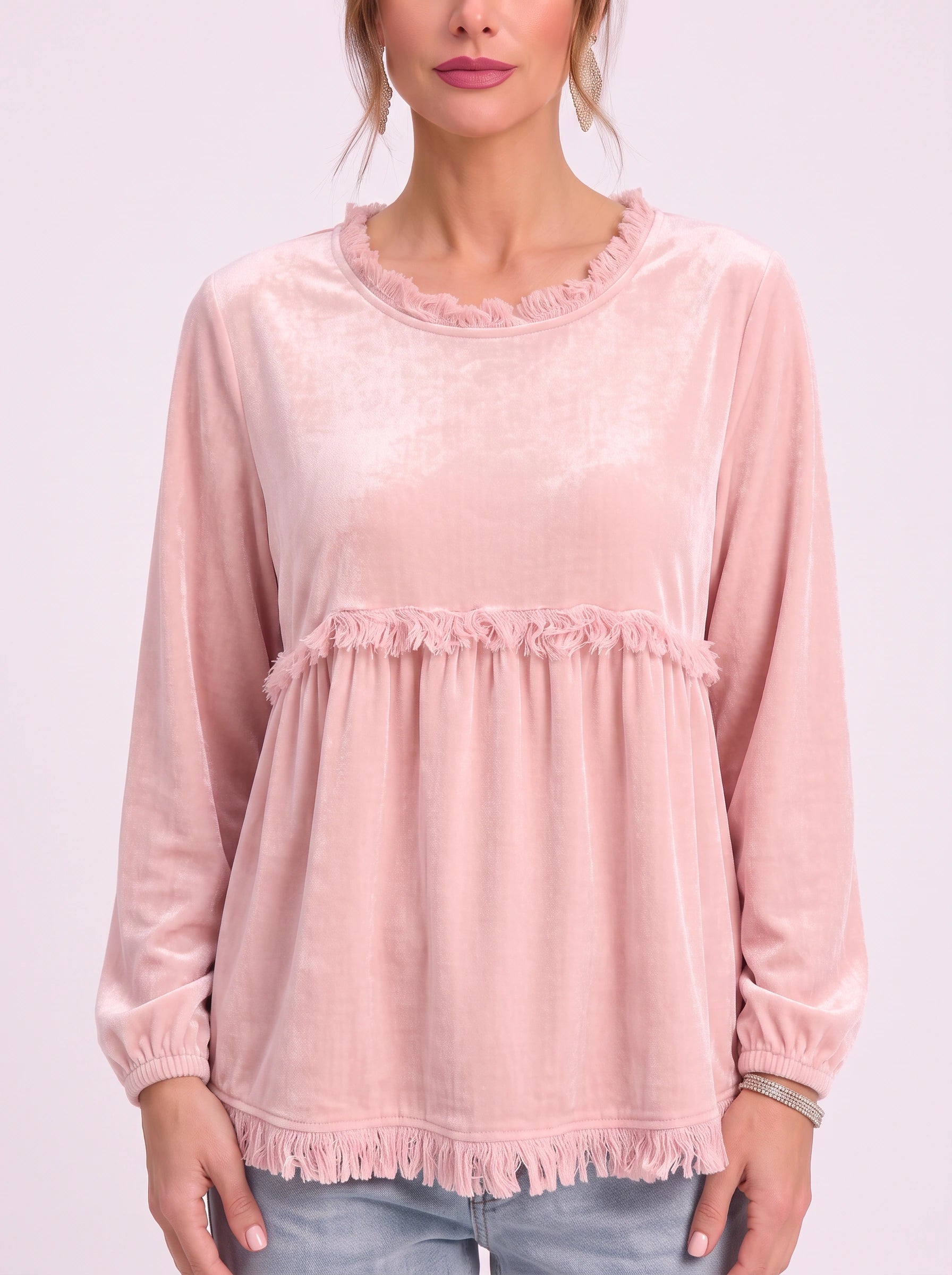 Top babydoll en velours Fringette - Blouse ample à manches longues pour femme, décontractée, bohème vintage, avec bordure à franges