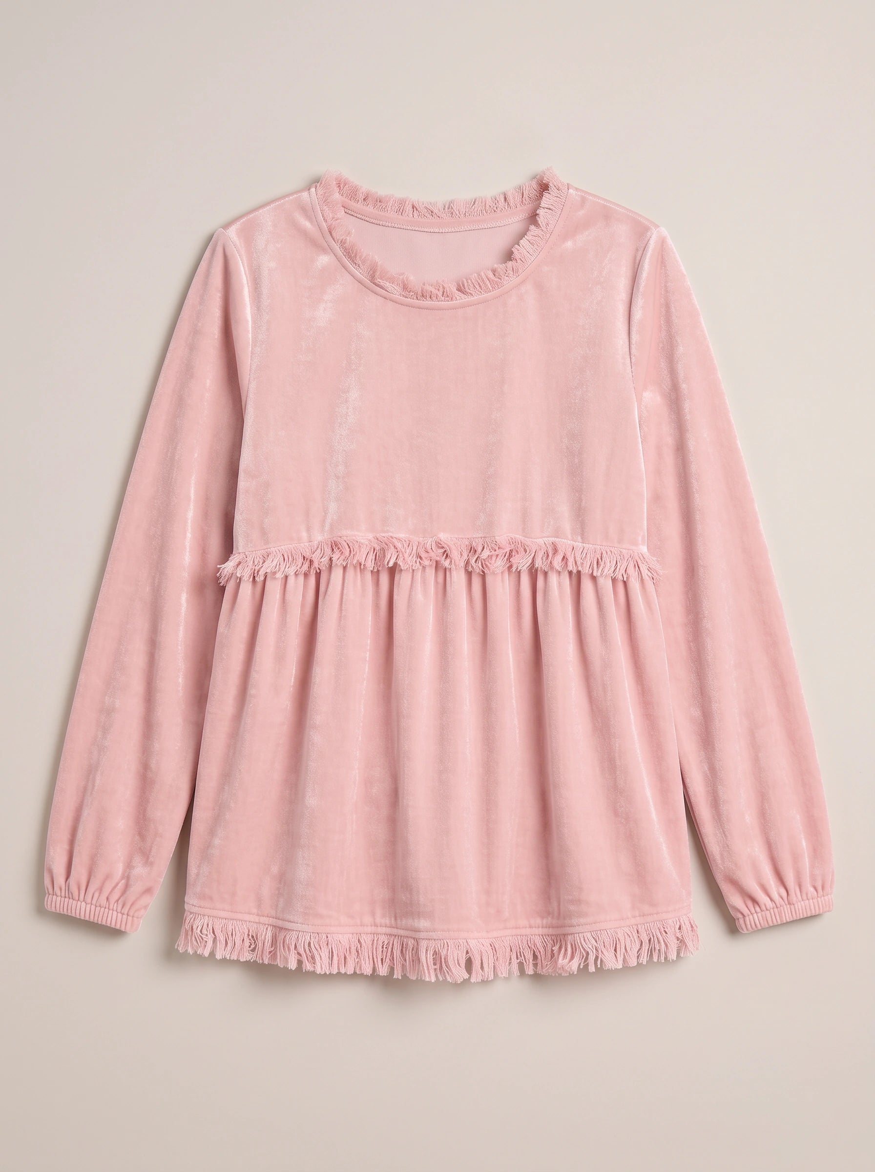 Top babydoll en velours Fringette - Blouse ample à manches longues pour femme, décontractée, bohème vintage, avec bordure à franges