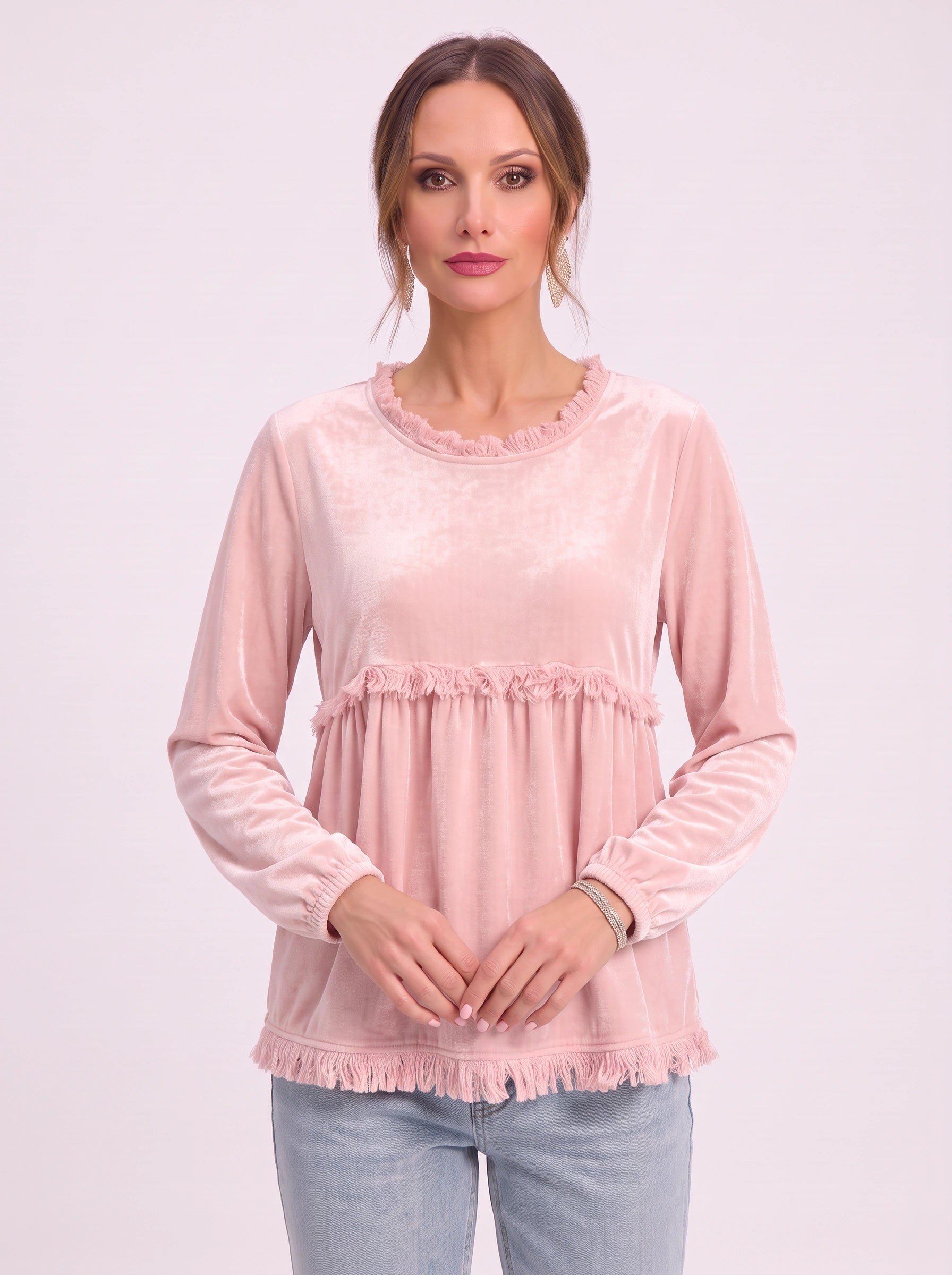 Top babydoll en velours Fringette - Blouse ample à manches longues pour femme, décontractée, bohème vintage, avec bordure à franges