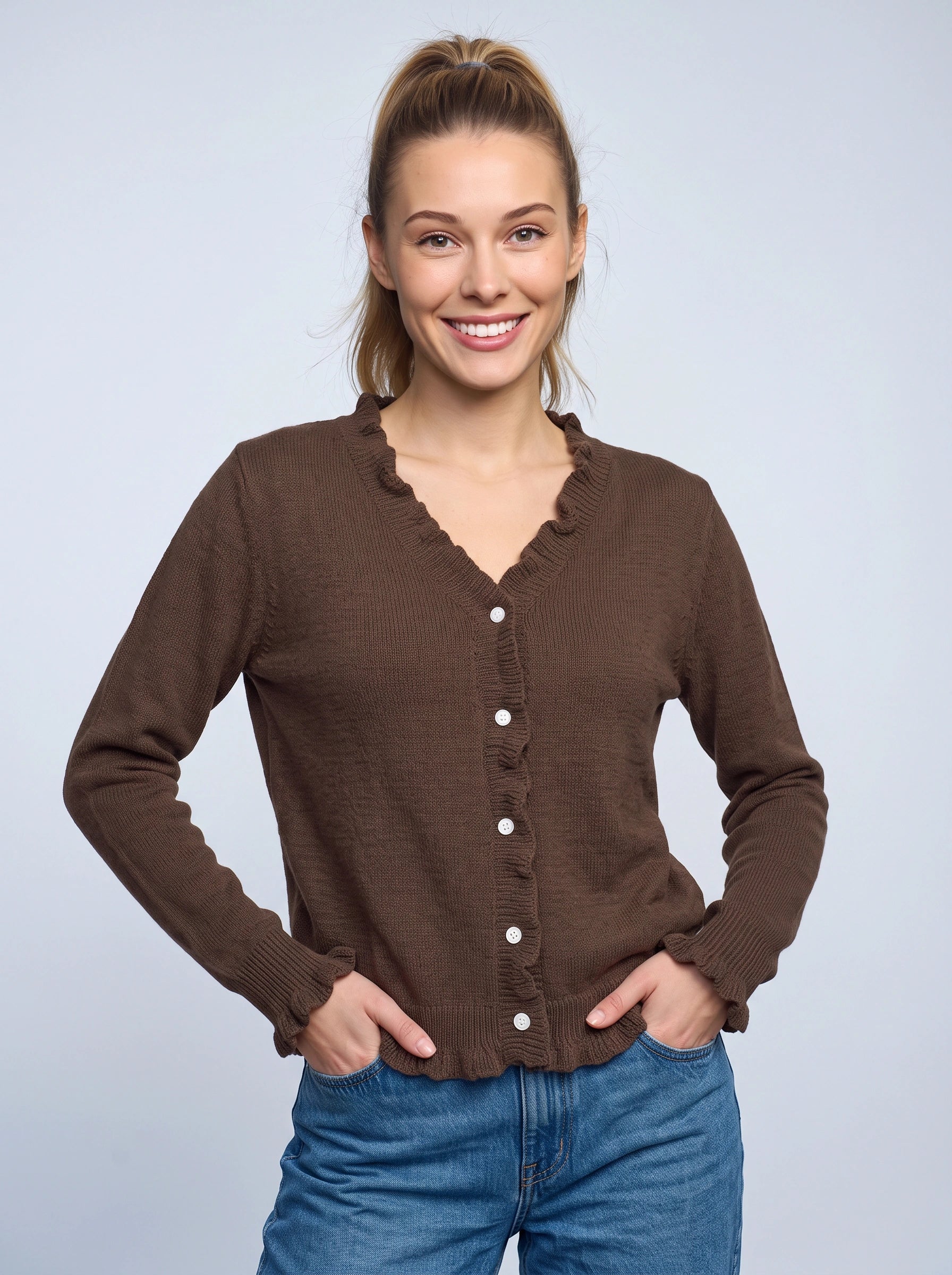 Frillrim Ruffle Trim Button-Front Cardigan – Waffle Knit Buttoned Long Sleeve Top Women Casual Fall Cardigan