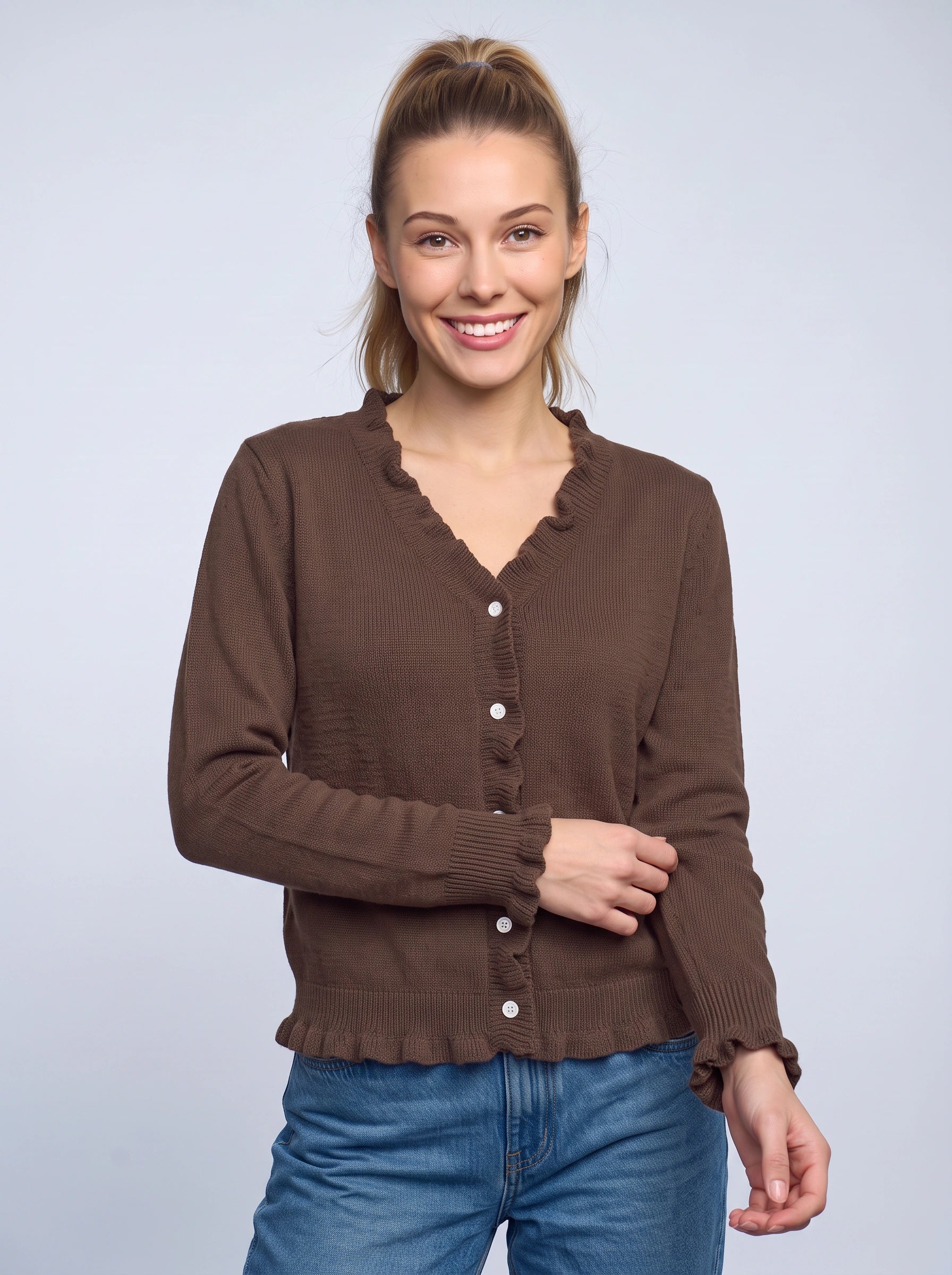Frillrim Ruffle Trim Button-Front Cardigan – Waffle Knit Buttoned Long Sleeve Top Women Casual Fall Cardigan