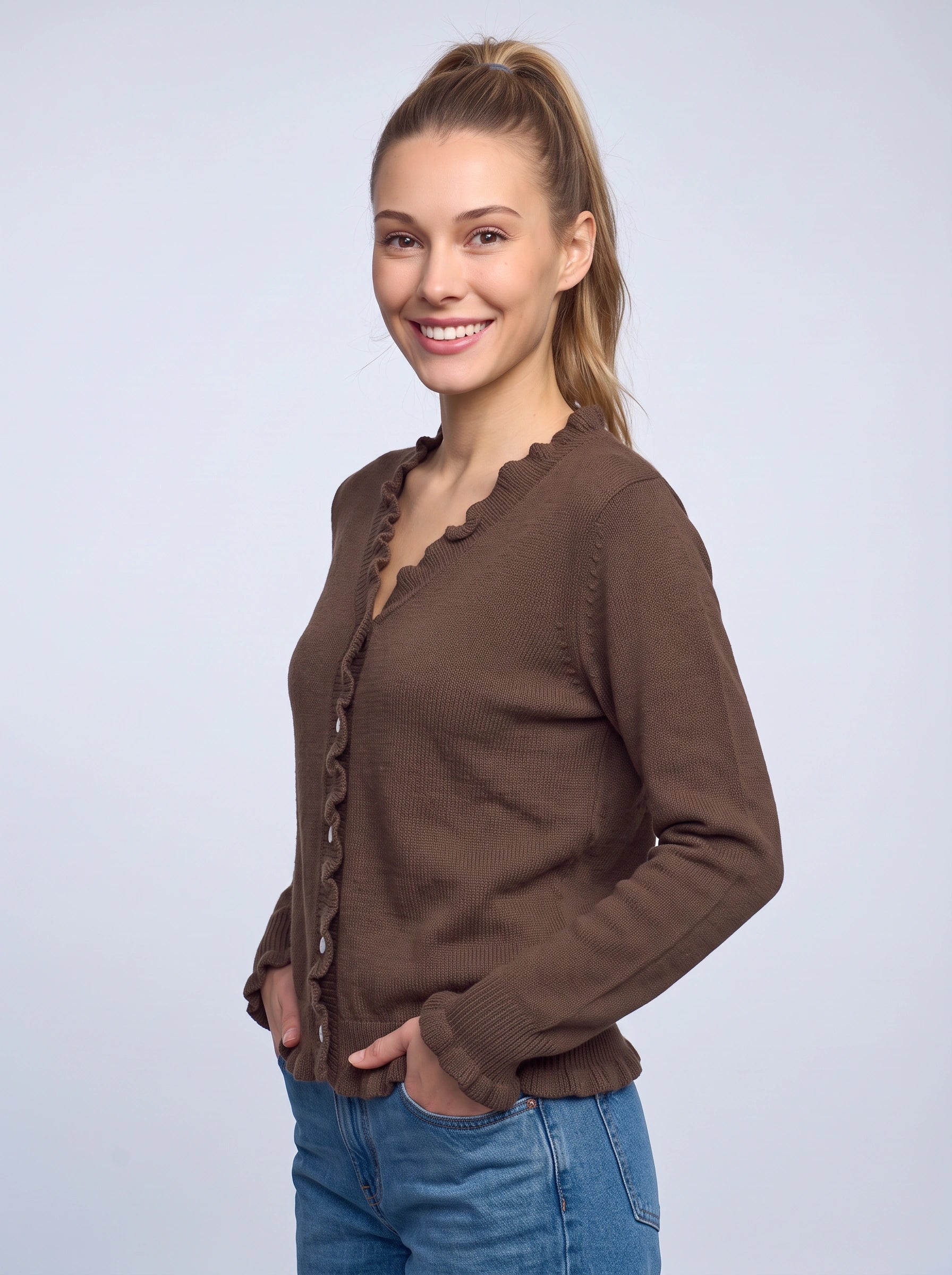 Frillrim Ruffle Trim Button-Front Cardigan – Waffle Knit Buttoned Long Sleeve Top Women Casual Fall Cardigan