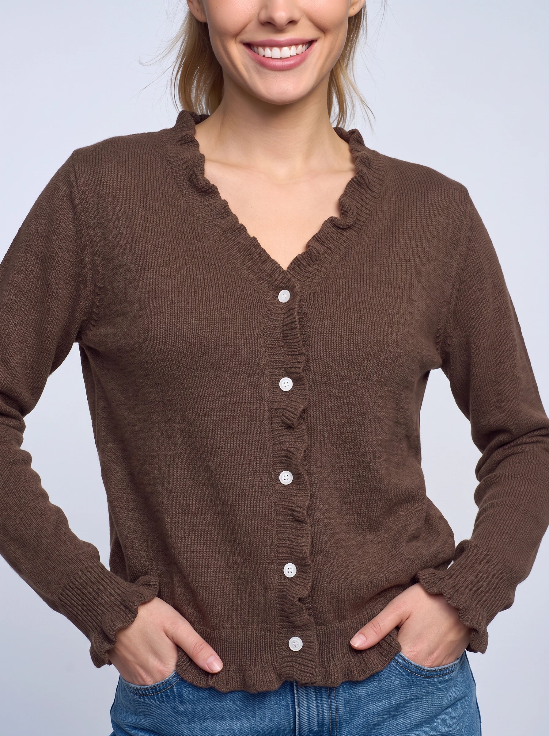 Frillrim Ruffle Trim Button-Front Cardigan – Waffle Knit Buttoned Long Sleeve Top Women Casual Fall Cardigan