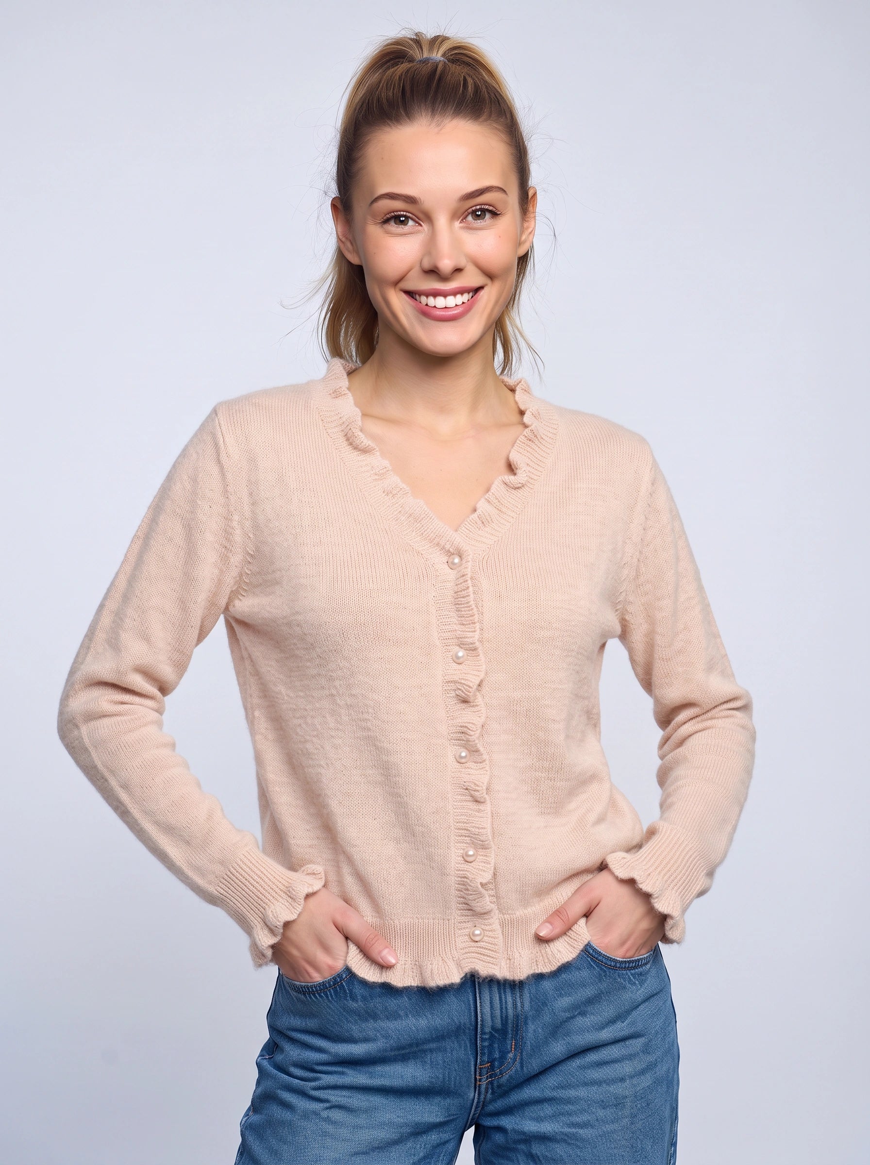 Frillrim Ruffle Trim Button-Front Cardigan – Waffle Knit Buttoned Long Sleeve Top Women Casual Fall Cardigan