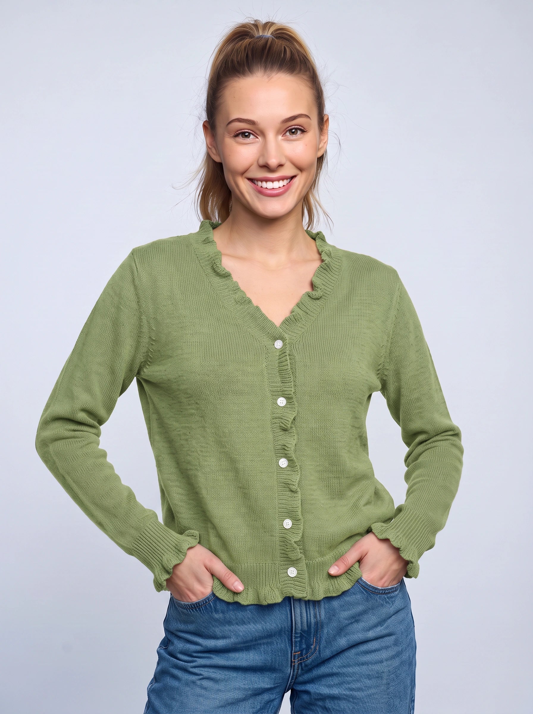Frillrim Ruffle Trim Button-Front Cardigan – Waffle Knit Buttoned Long Sleeve Top Women Casual Fall Cardigan