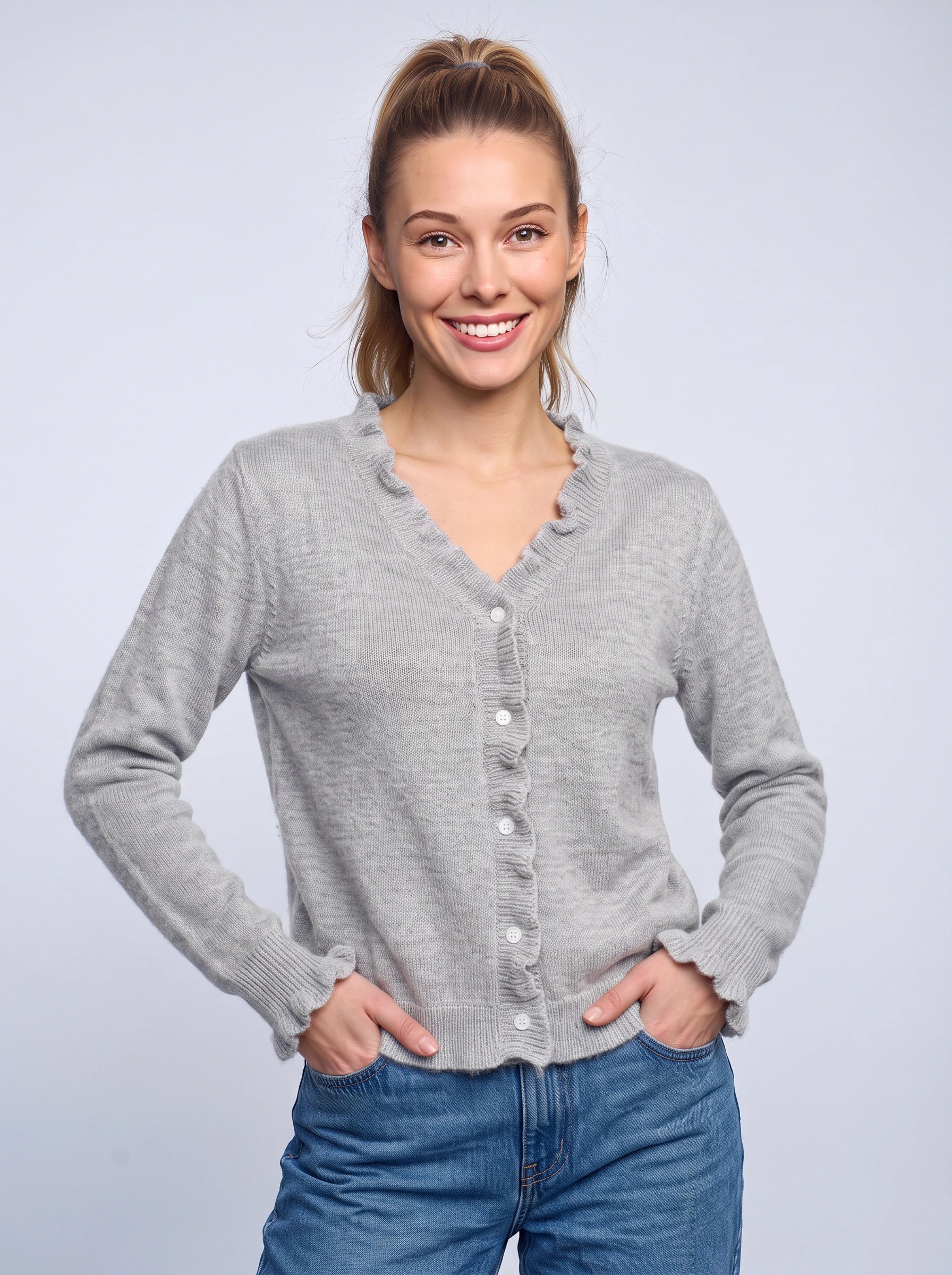 Frillrim Ruffle Trim Button-Front Cardigan – Waffle Knit Buttoned Long Sleeve Top Women Casual Fall Cardigan