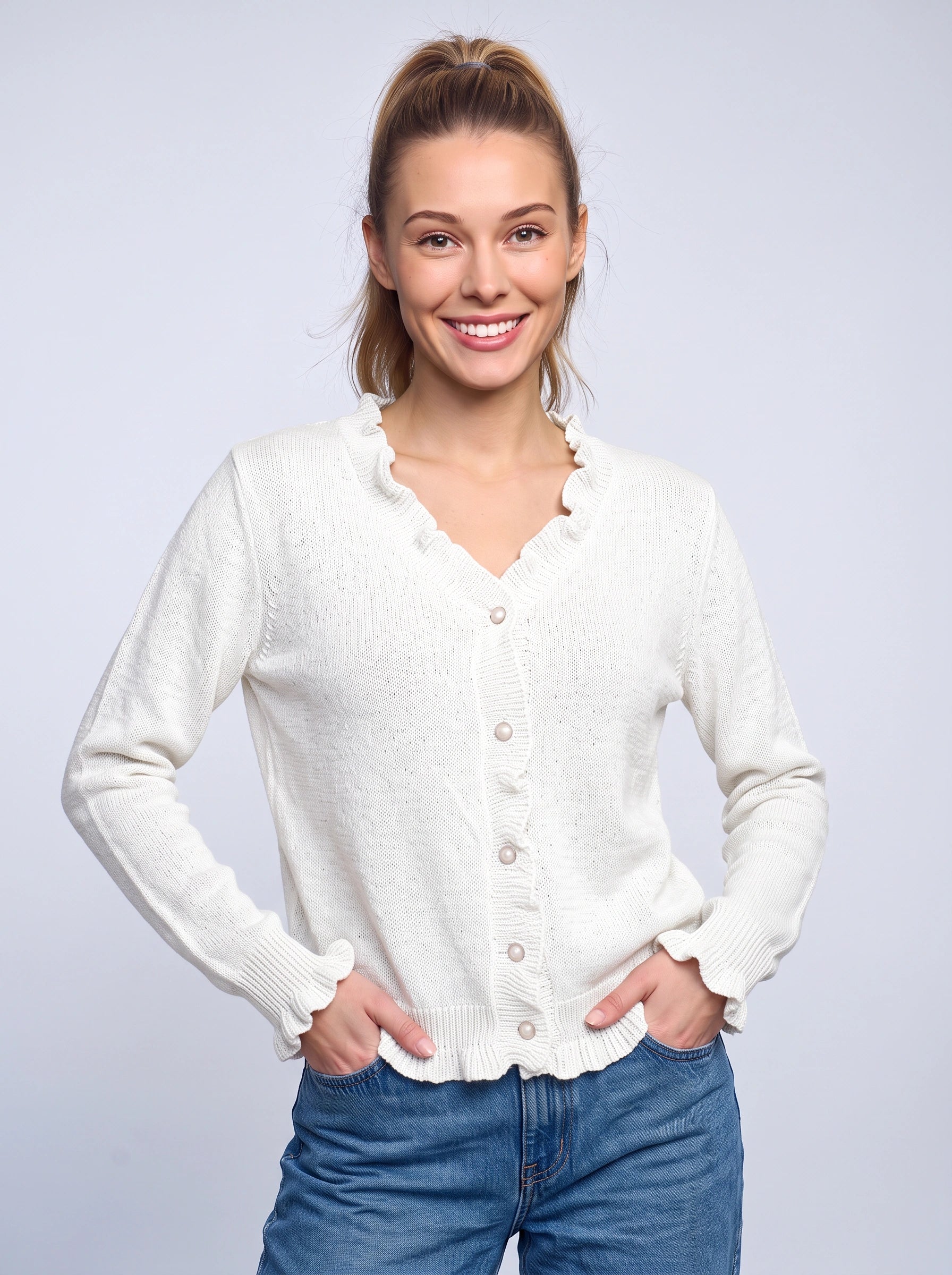 Frillrim Ruffle Trim Button-Front Cardigan – Waffle Knit Buttoned Long Sleeve Top Women Casual Fall Cardigan