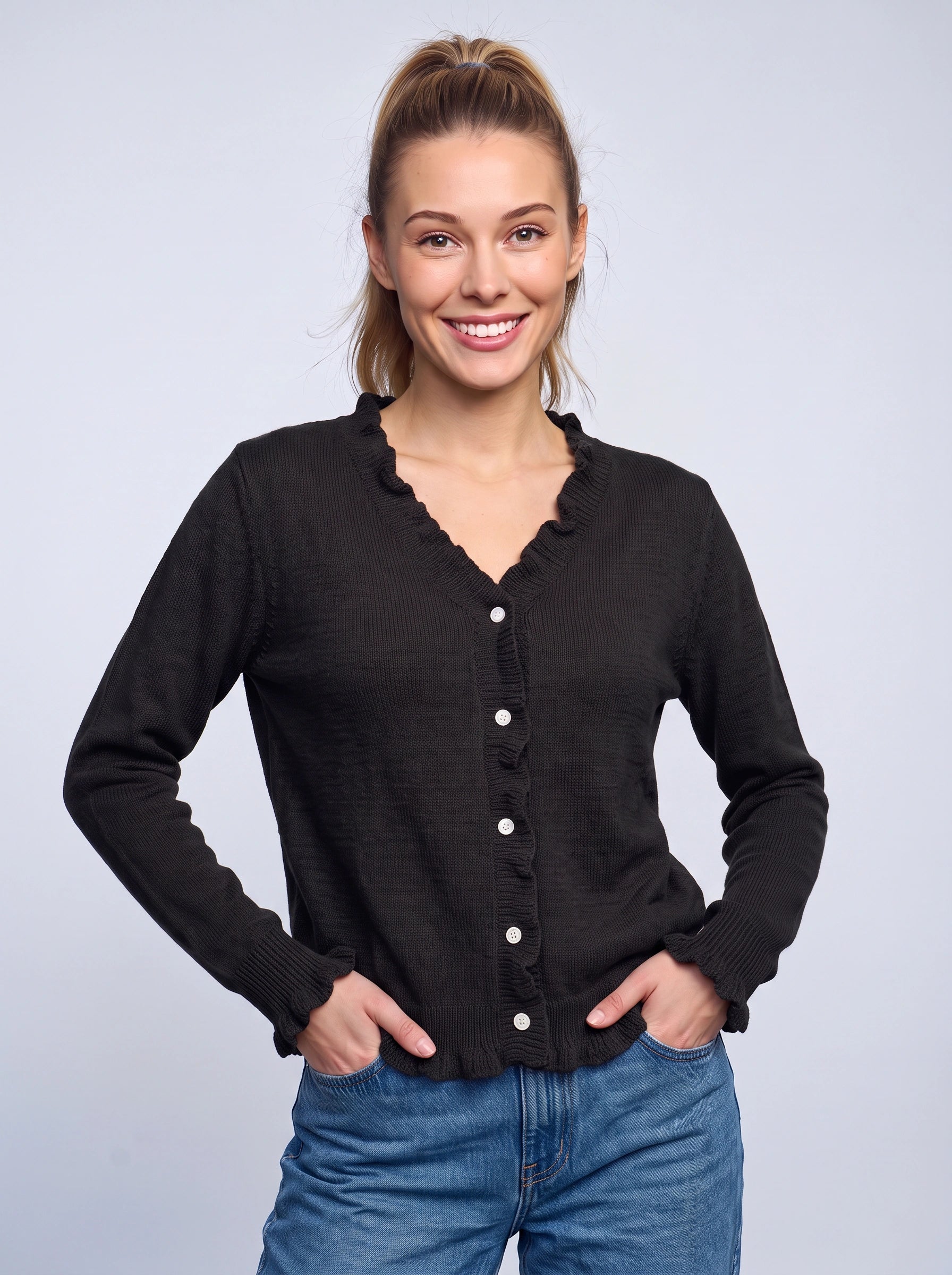 Frillrim Ruffle Trim Button-Front Cardigan – Waffle Knit Buttoned Long Sleeve Top Women Casual Fall Cardigan