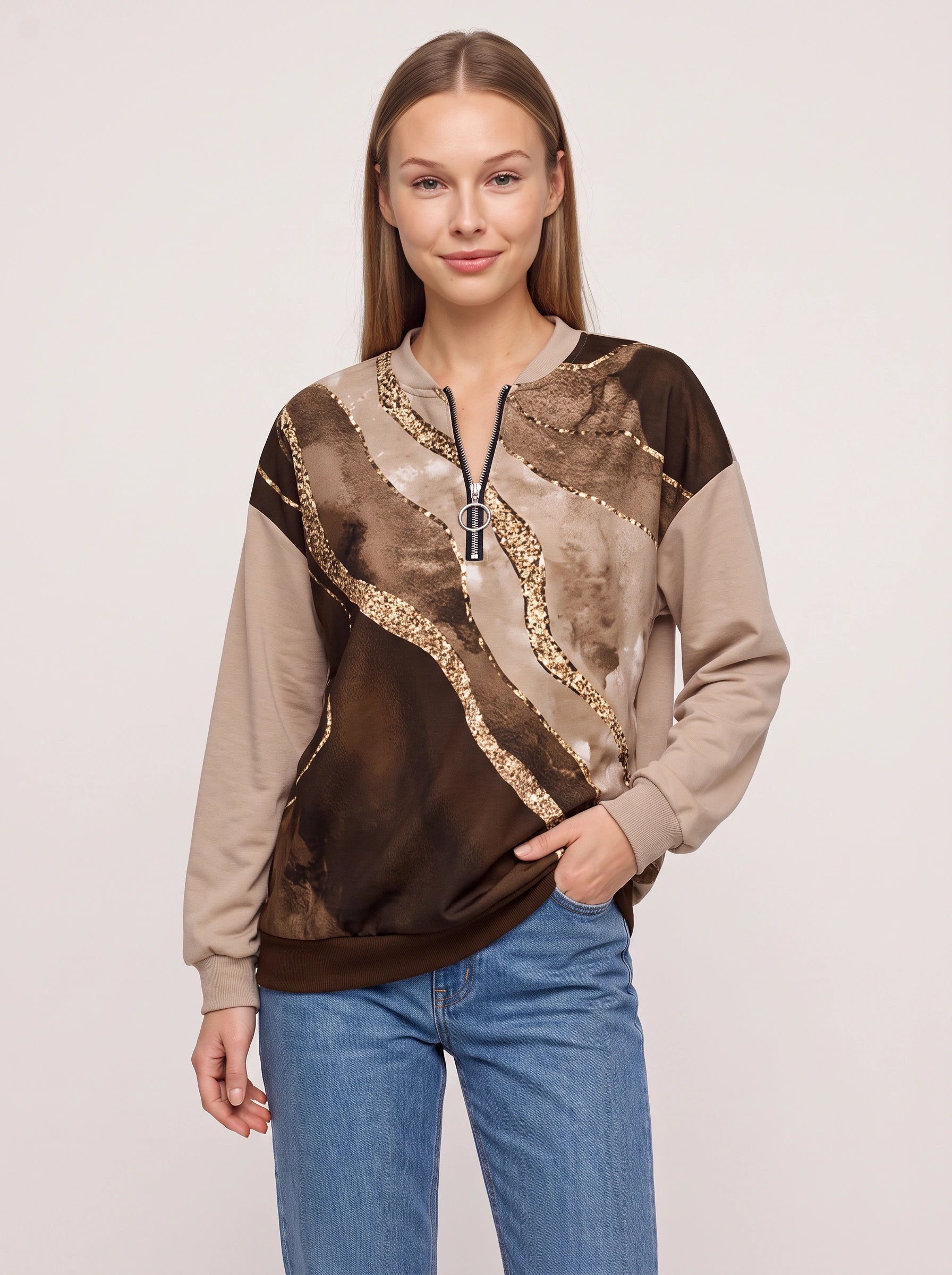 Sweat-shirt Brumonda à sequins et demi-fermeture éclair - imprimé abstrait, col rond, coupe oversize décontractée pour femme, pull d’automne