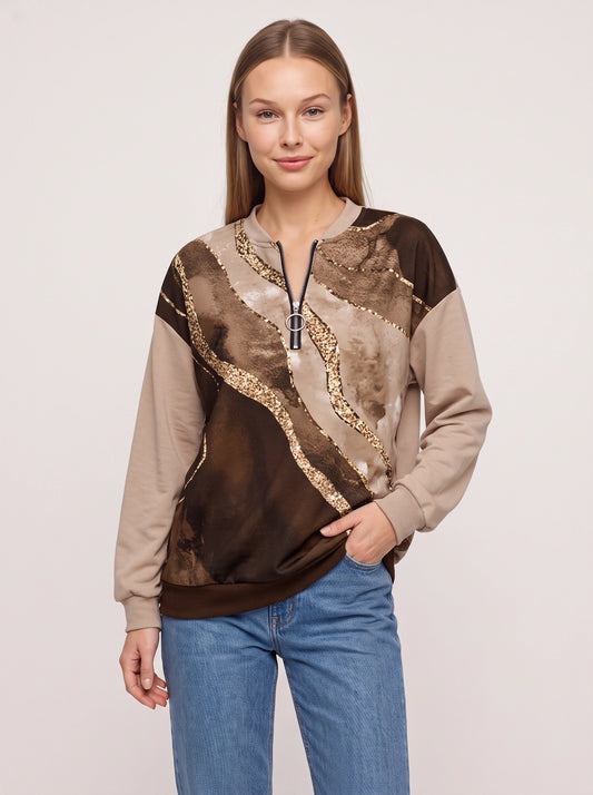 Sweat-shirt Brumonda à sequins et demi-fermeture éclair - imprimé abstrait, col rond, coupe oversize décontractée pour femme, pull d’automne