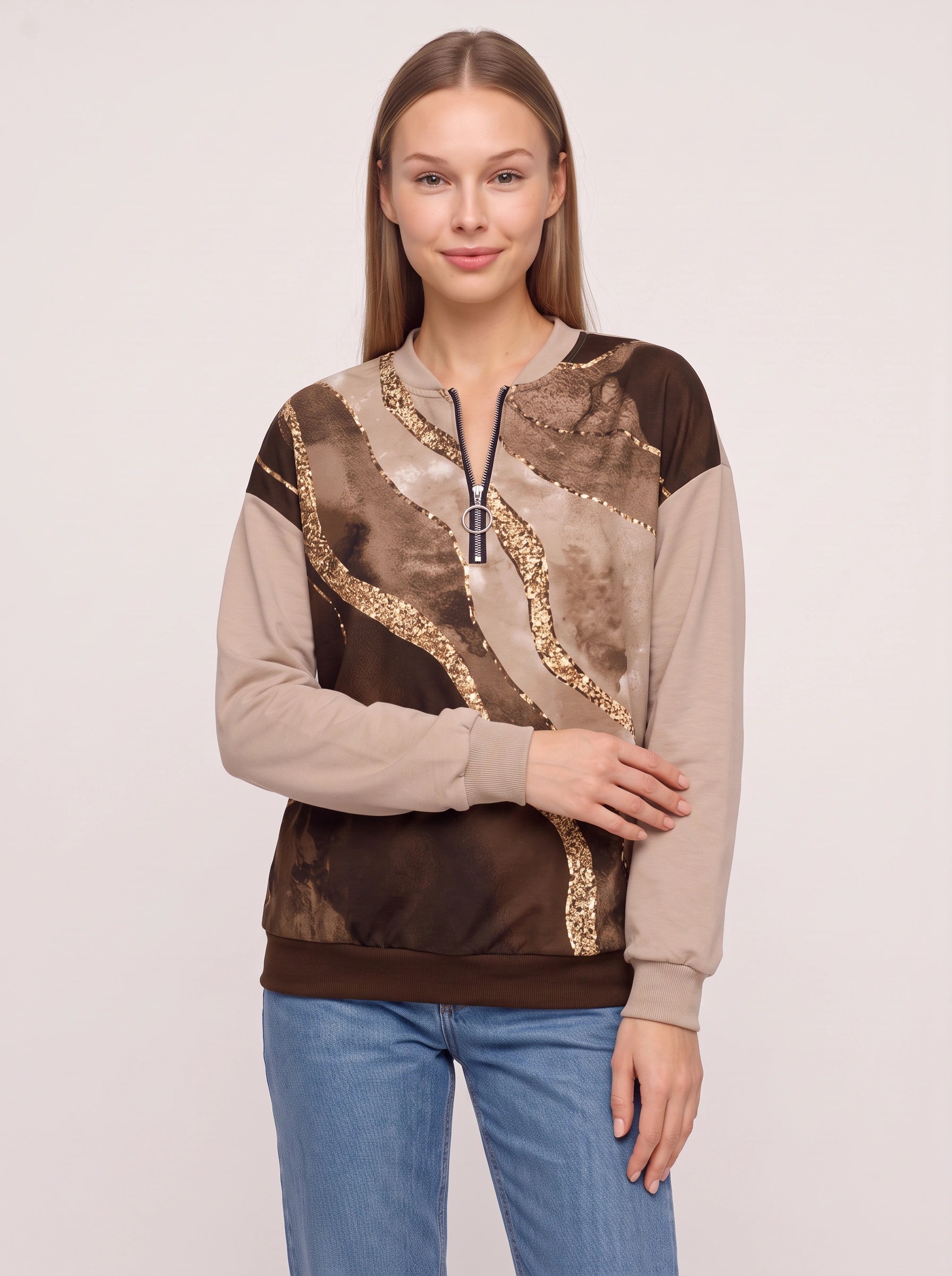 Sweat-shirt Brumonda à sequins et demi-fermeture éclair - imprimé abstrait, col rond, coupe oversize décontractée pour femme, pull d’automne